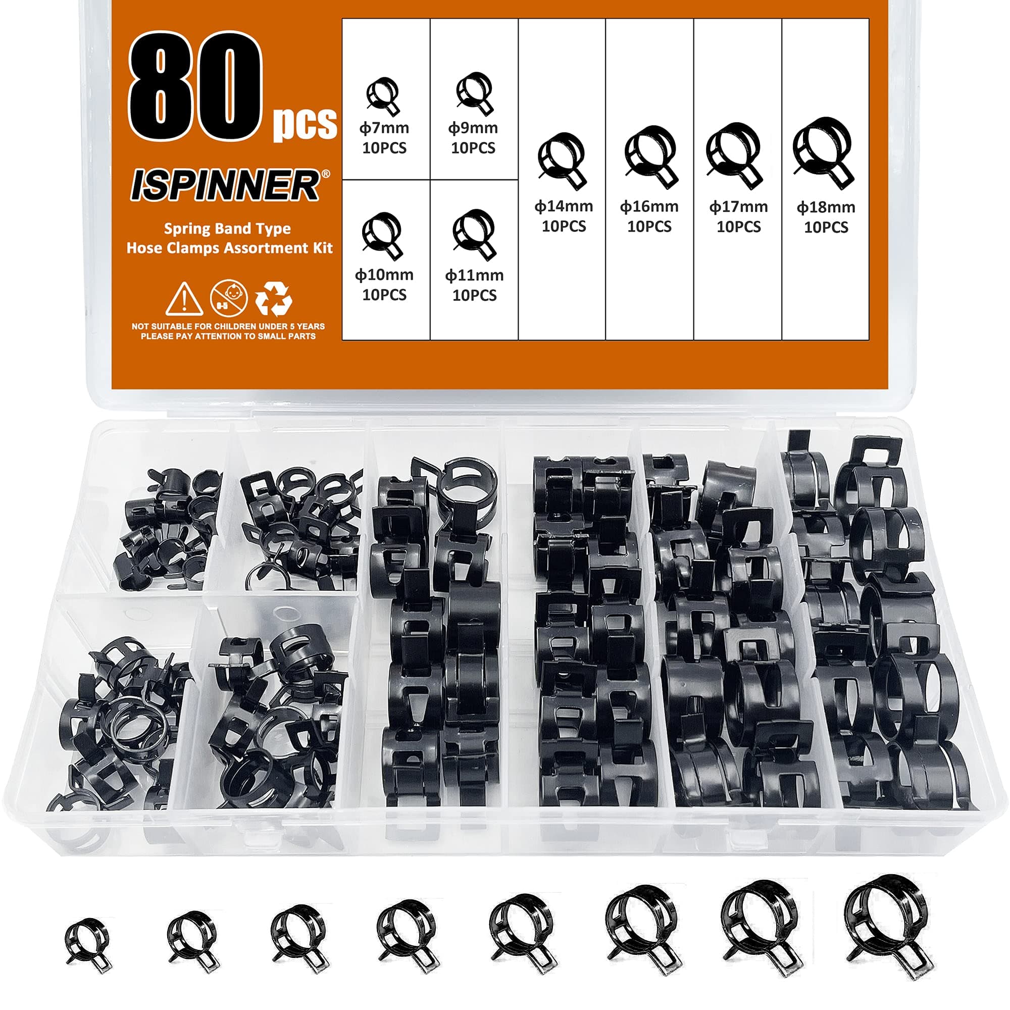 80pcs Spring Band Type Fuel/Silicone Vacuum Hose Pipe Clamp, 7mm-18mm Low Pressure Air Clip Clamp 7mm 9mm 10mm 11mm 14mm 16mm 17mm 18mm (Black)