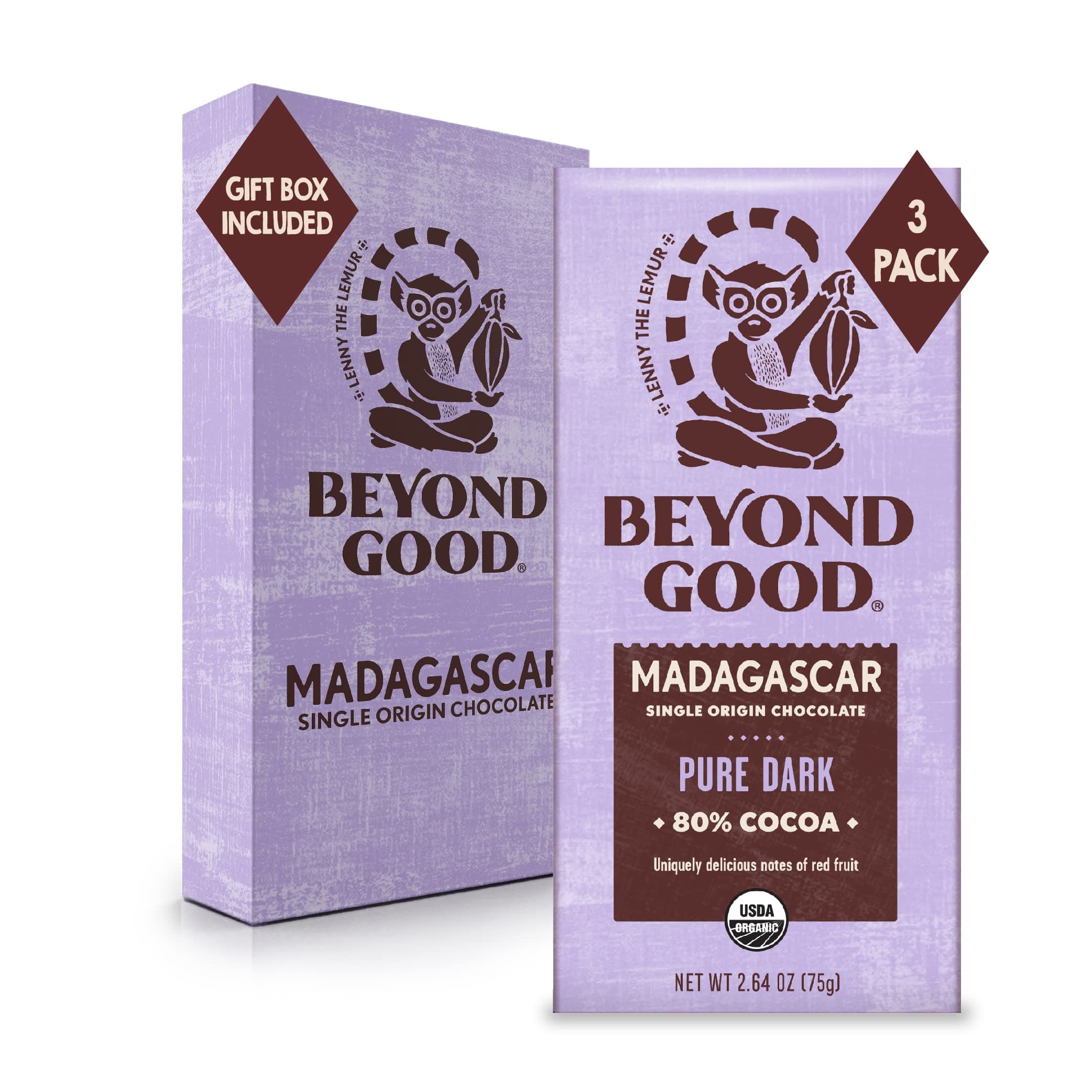 Chocolate Bars | 3 Pack 80% Pure Dark Chocolate | Gift Box Included | Organic, Direct Trade, Vegan, Kosher, Non-GMO | Single Origin Madagascar Heirloom Chocolate
