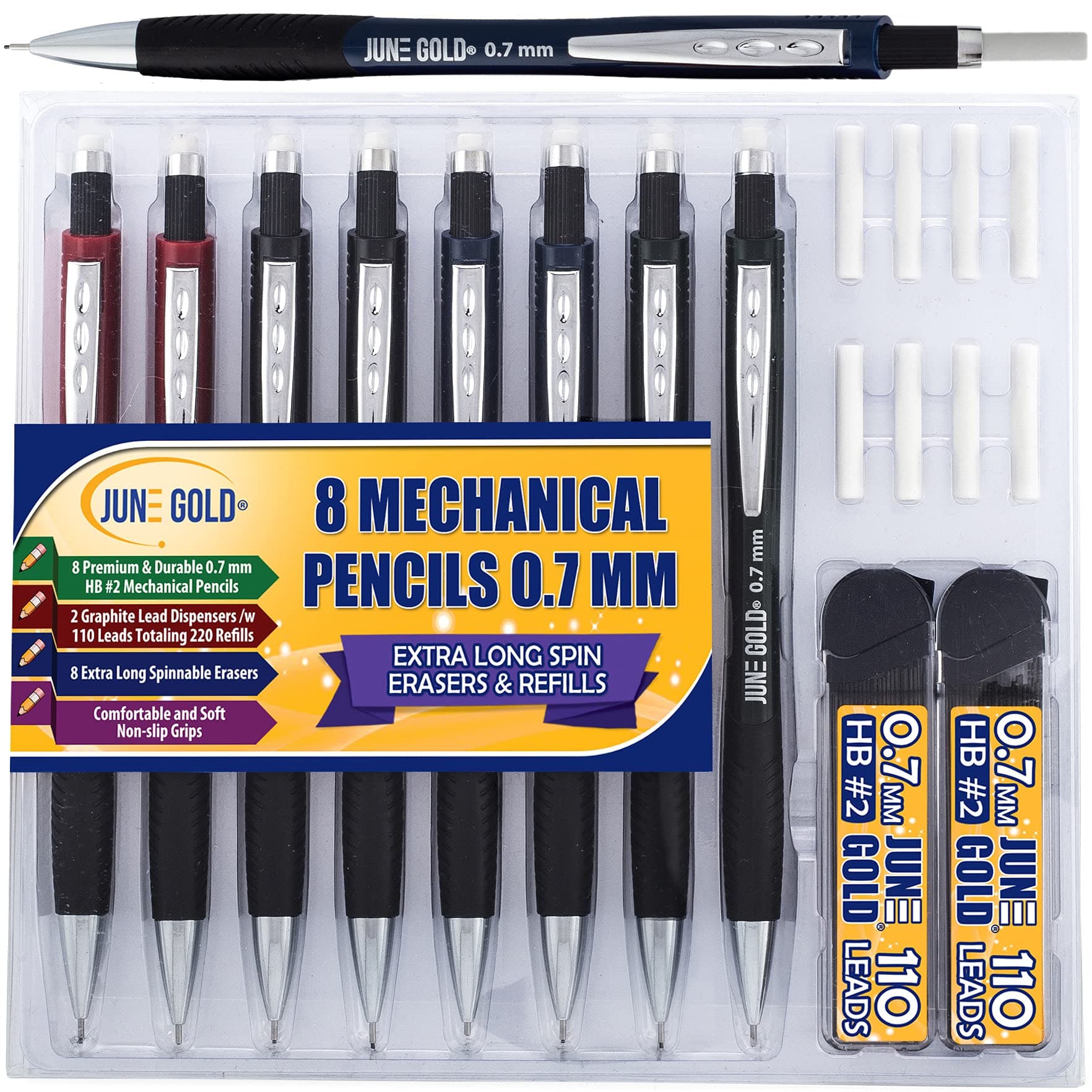 8 Pack 0.7 mm HB #2 Mechanical Pencils, Extra Long Spin Eraser, 2 Lead Dispensers/w 220 Refills & 8 Refill Erasers, Break Resistant Lead, Soft Non-Slip Grip