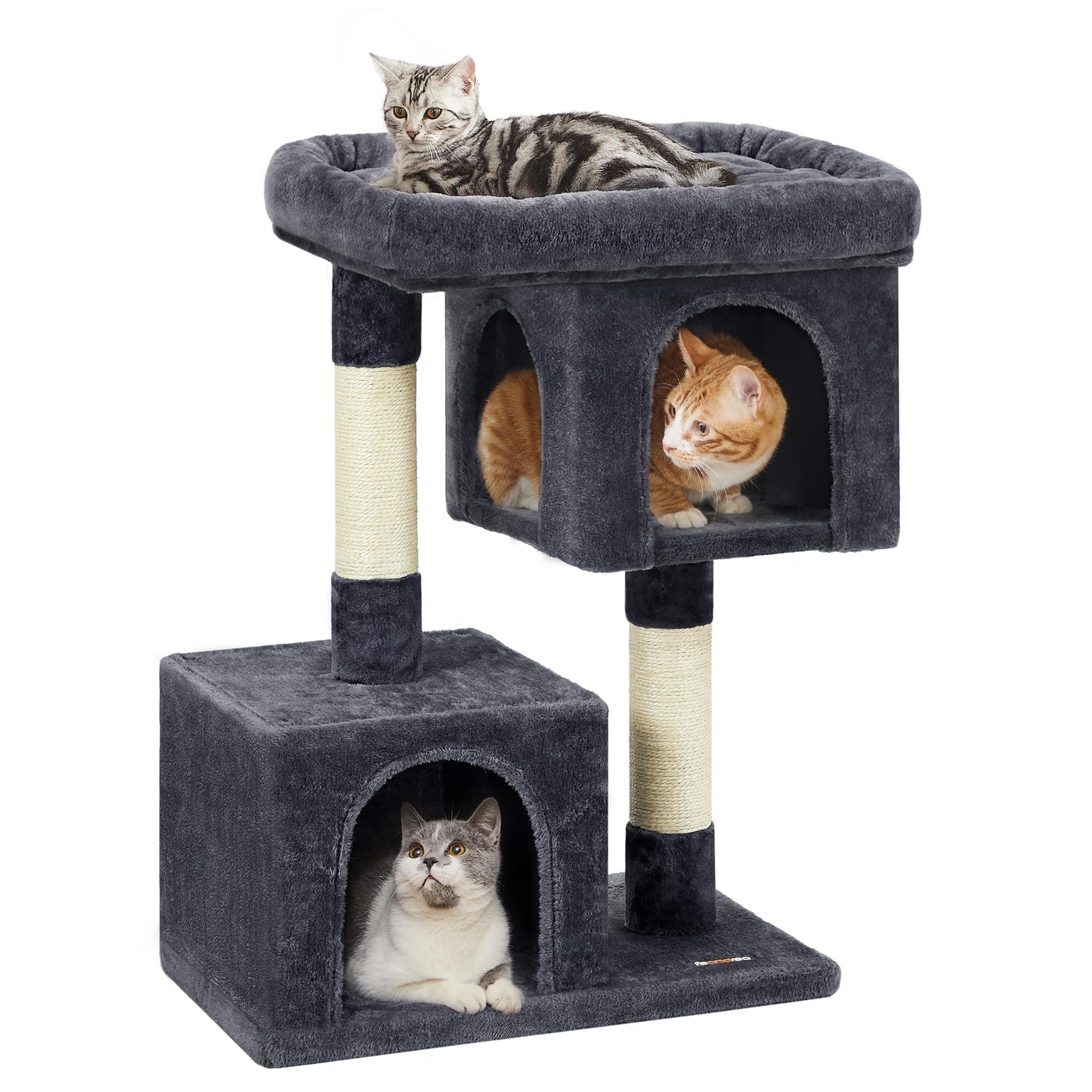 Feandrea Cat Tree, 33.1-Inch Cat Tower, Plush Condo for Large Cats up to 16 lb, Large Perch, 2 Caves, Scratching Post, Smoky Gray UPCT61G