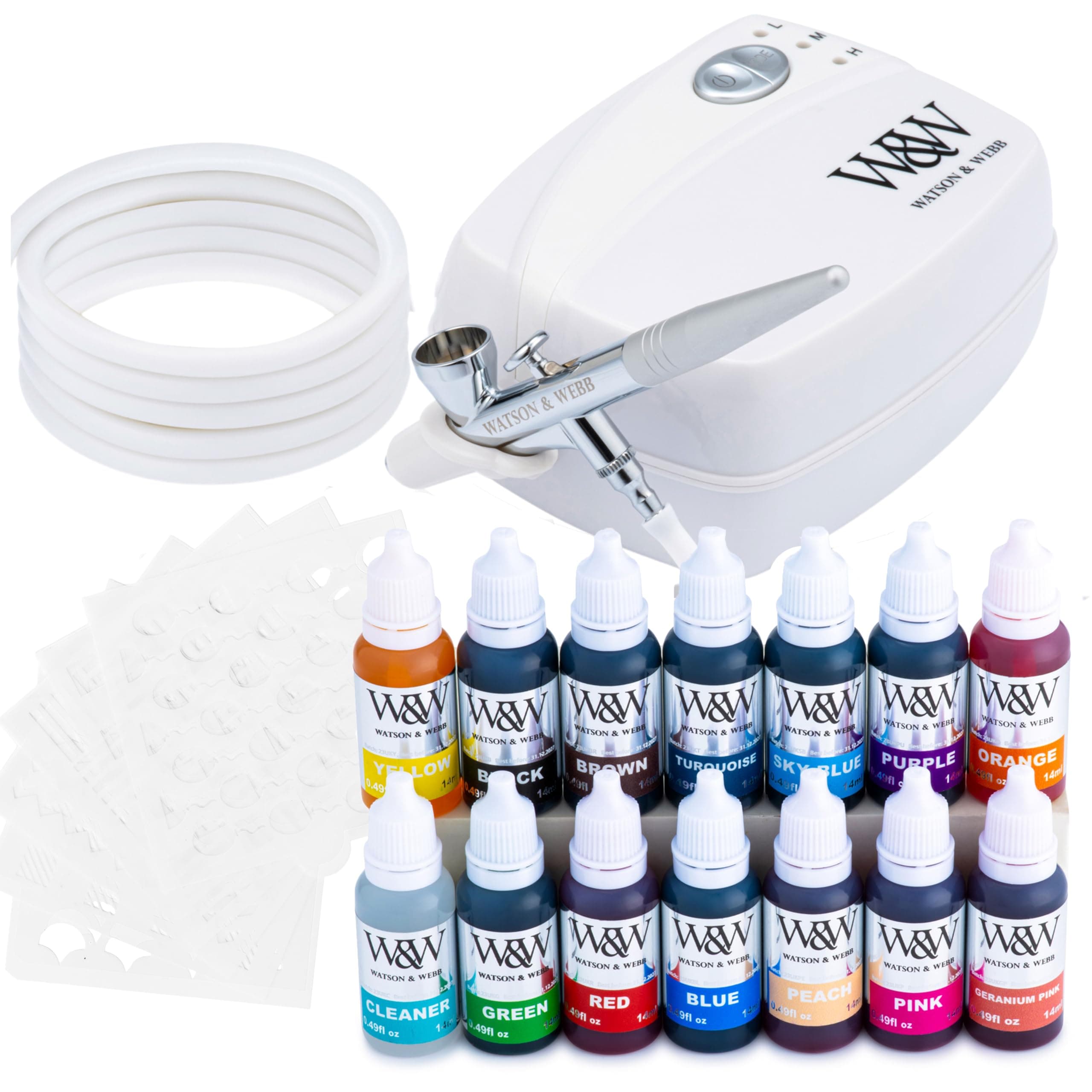 Watson & Webb Cake Airbrush Kit with Compressor, Gravity Feed Food Grade Air Brush, 8 Colors. Cookie Airbrush Kit for Airbrushing Cupcakes, Cakes, Cookies & Baking