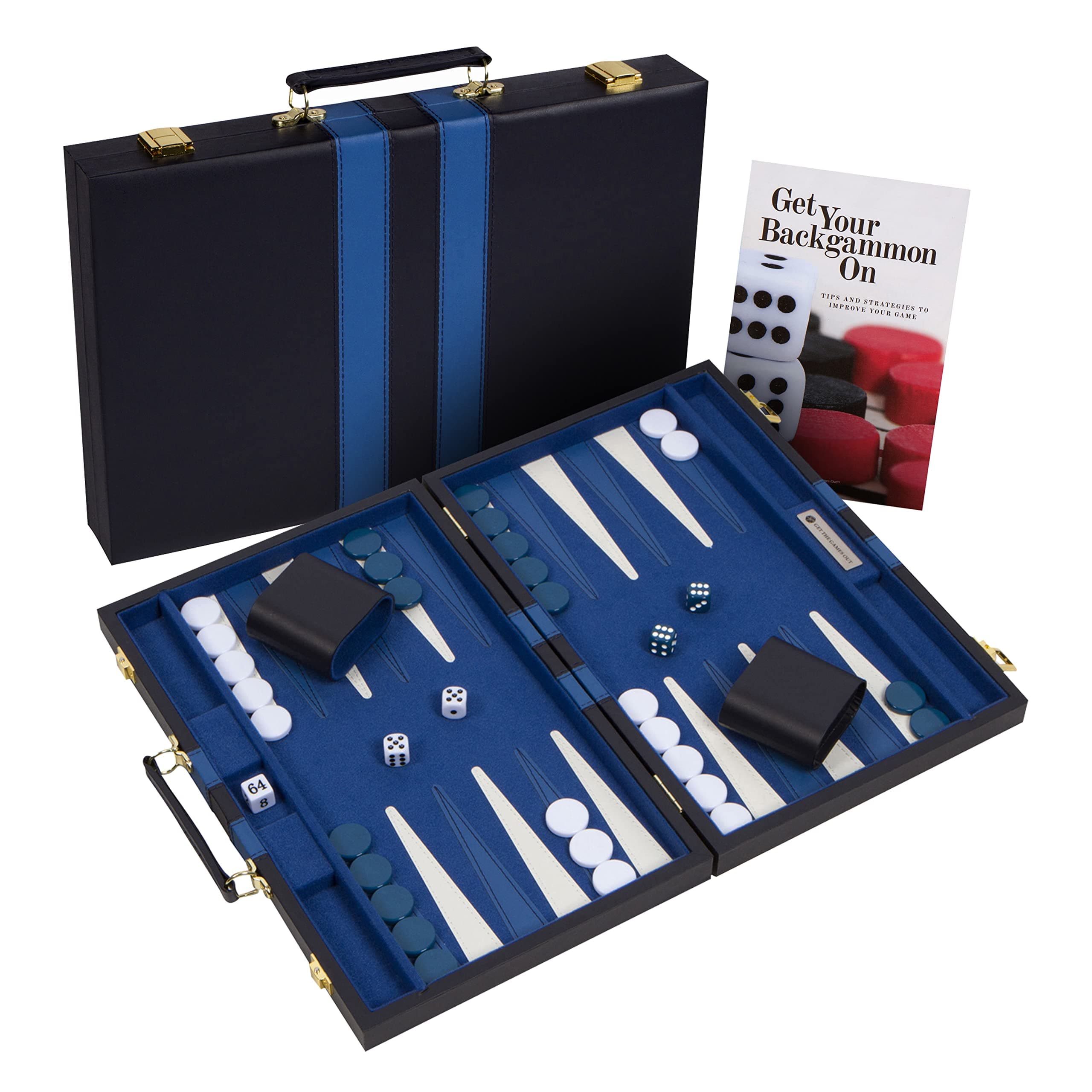 Get The Games Out Top Backgammon Set - Small Travel Size Classic Board Game Case - Best Strategy & Tip Guide (Blue, Small)