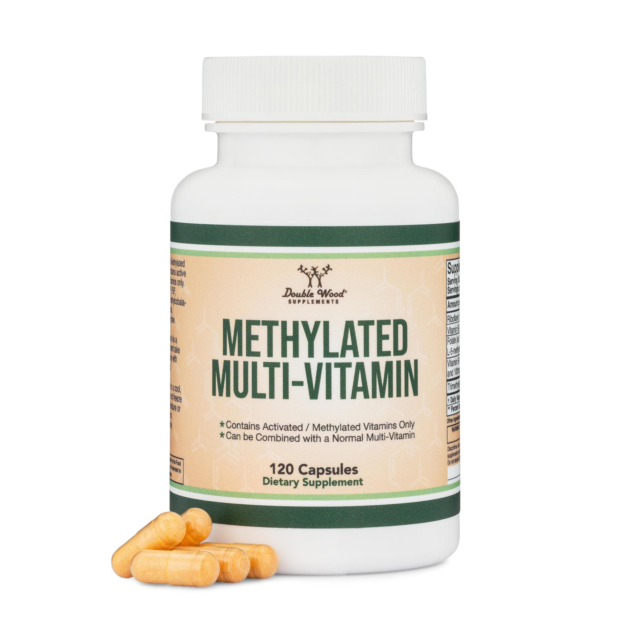 Methylated Multivitamin (Methylated and Activated Vitamins Only - Methylated B Complex with Trimethylglycine (TMG) and Methylfolate)(Non-GMO, Gluten Free MTHFR Supplement) 120 Capsules by Double Wood
