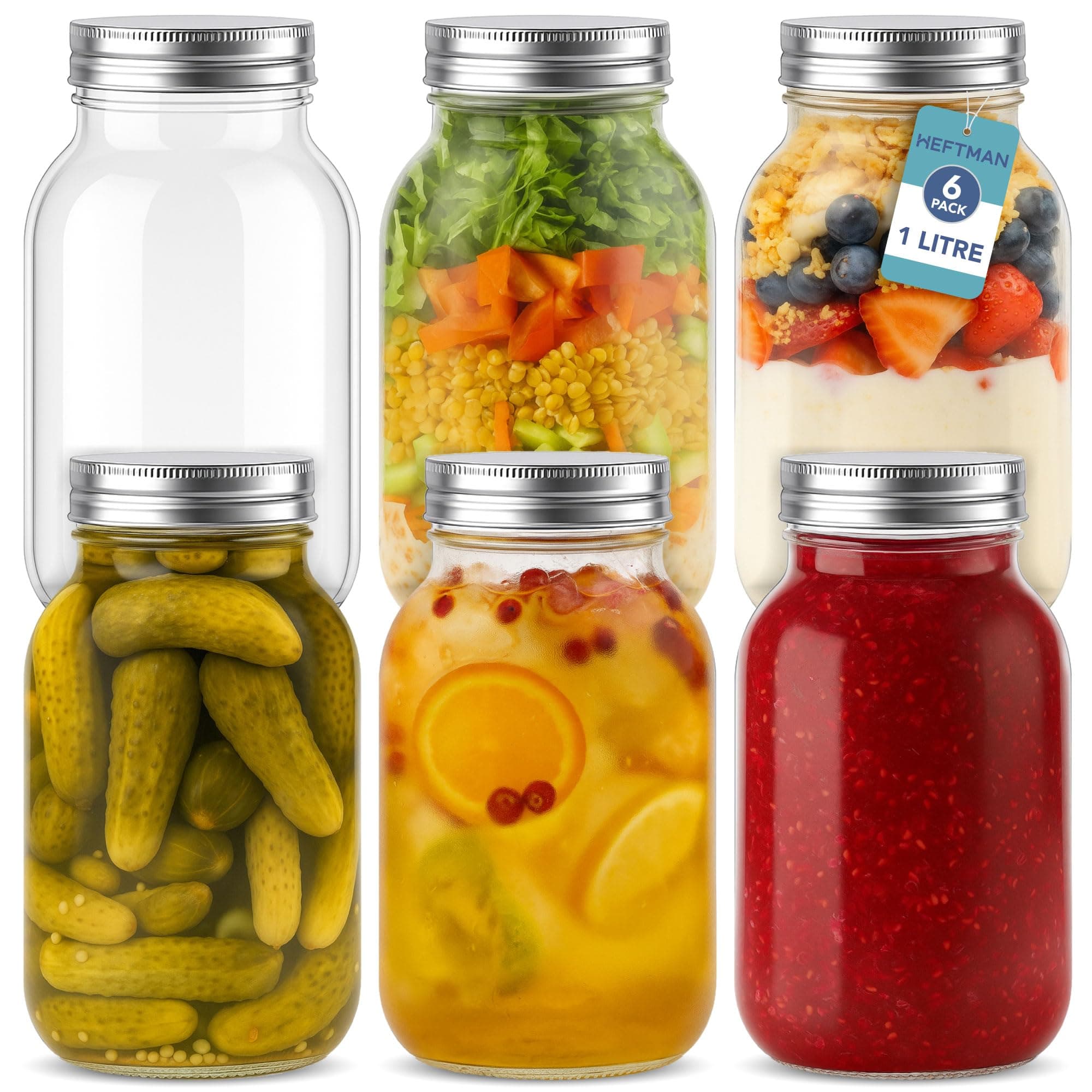 Glass Mason Jars with Lids 1L - Set of 6 Large Air Tight Jars for Overnight Oats, Homemade Jam, Food Storage, Meal Prep, Pickling, Preserving - Mason Jar 6 PCS (1 Litre)