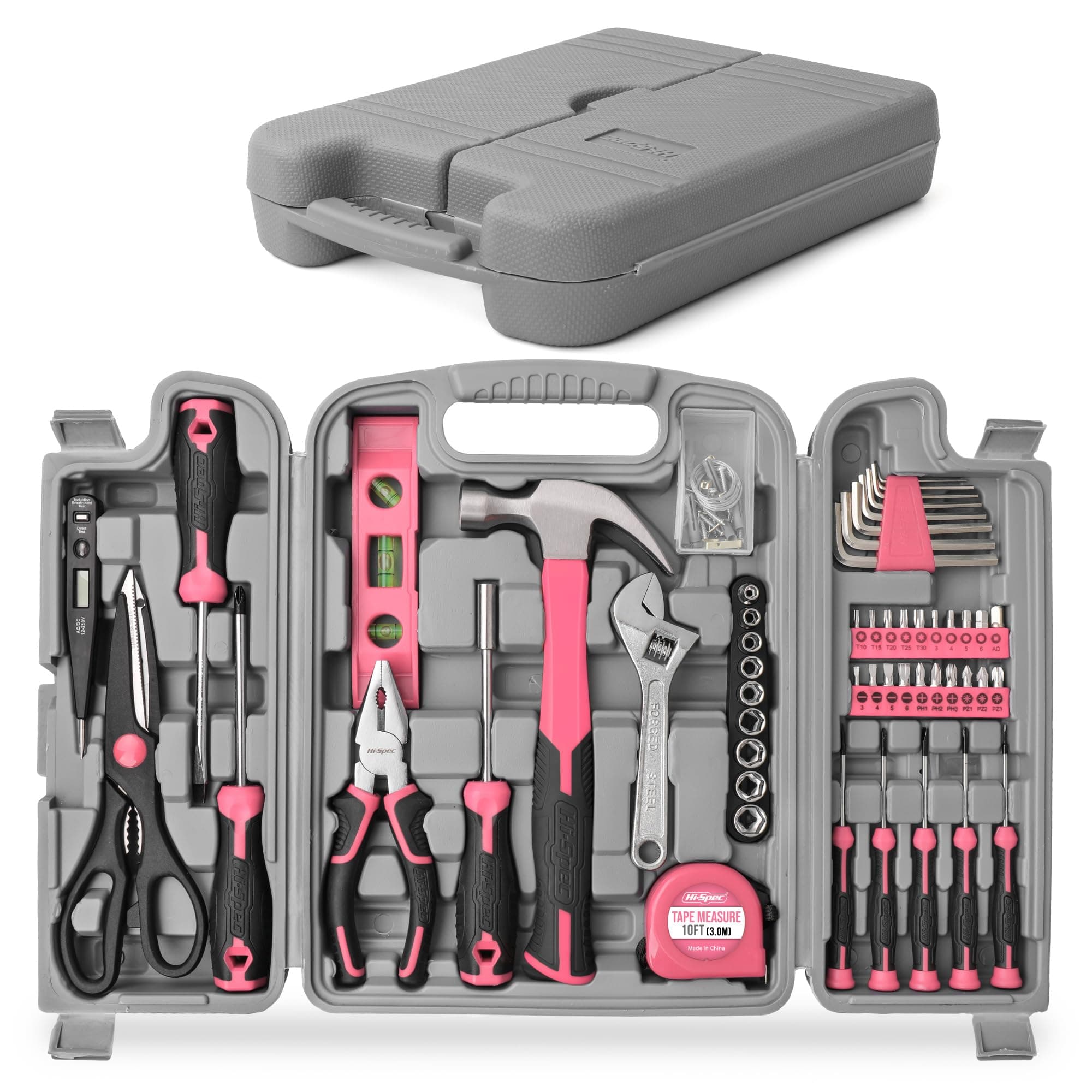 54 Piece Pink Home & Office Tool Kit Set. General DIY Repair & Maintenance Hand Tools with Hammer, Pliers, Screwdriver & Hex Key Sets. Complete in a Storage Box Carry Case