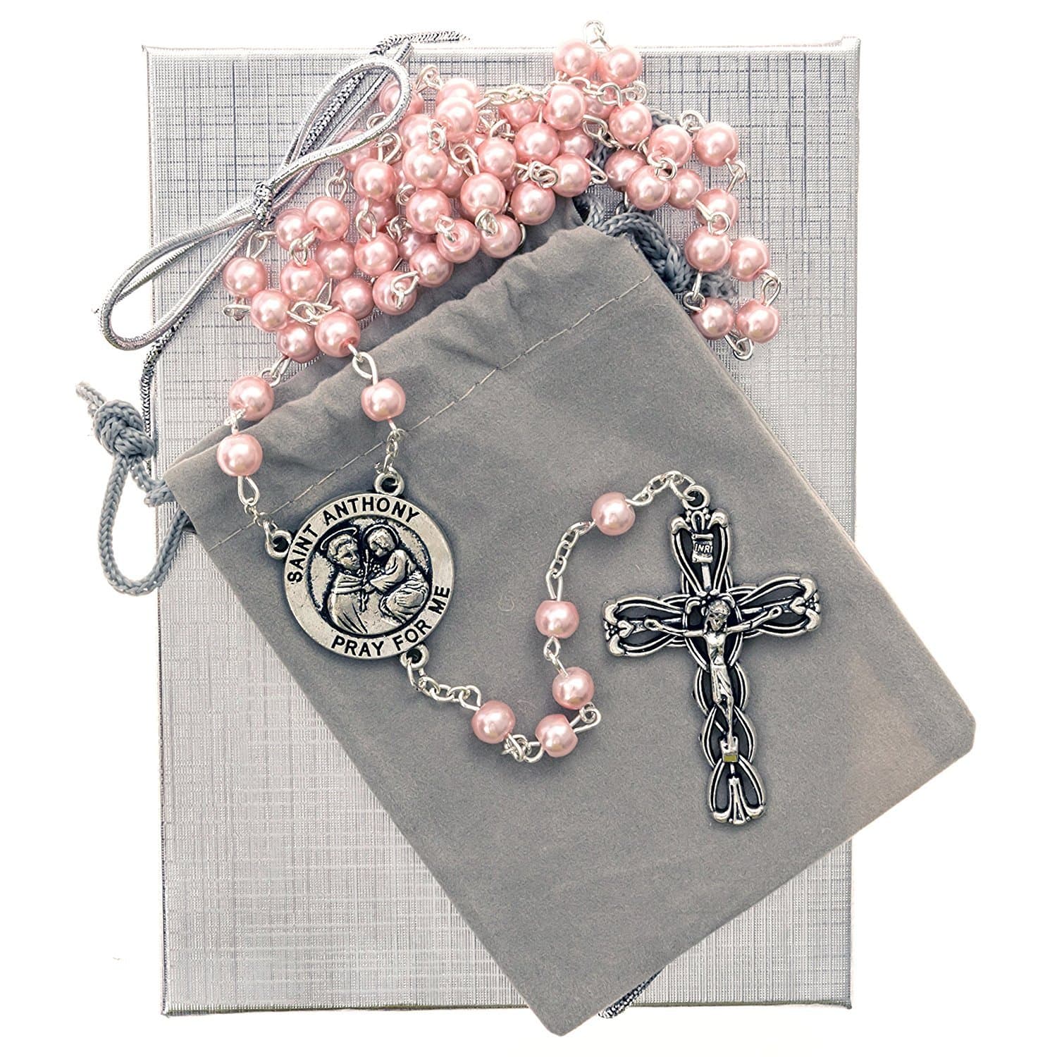 St Anthony Rosary Beads- Includes a Velvet Bag with a Silver Gift Wrapped Box!