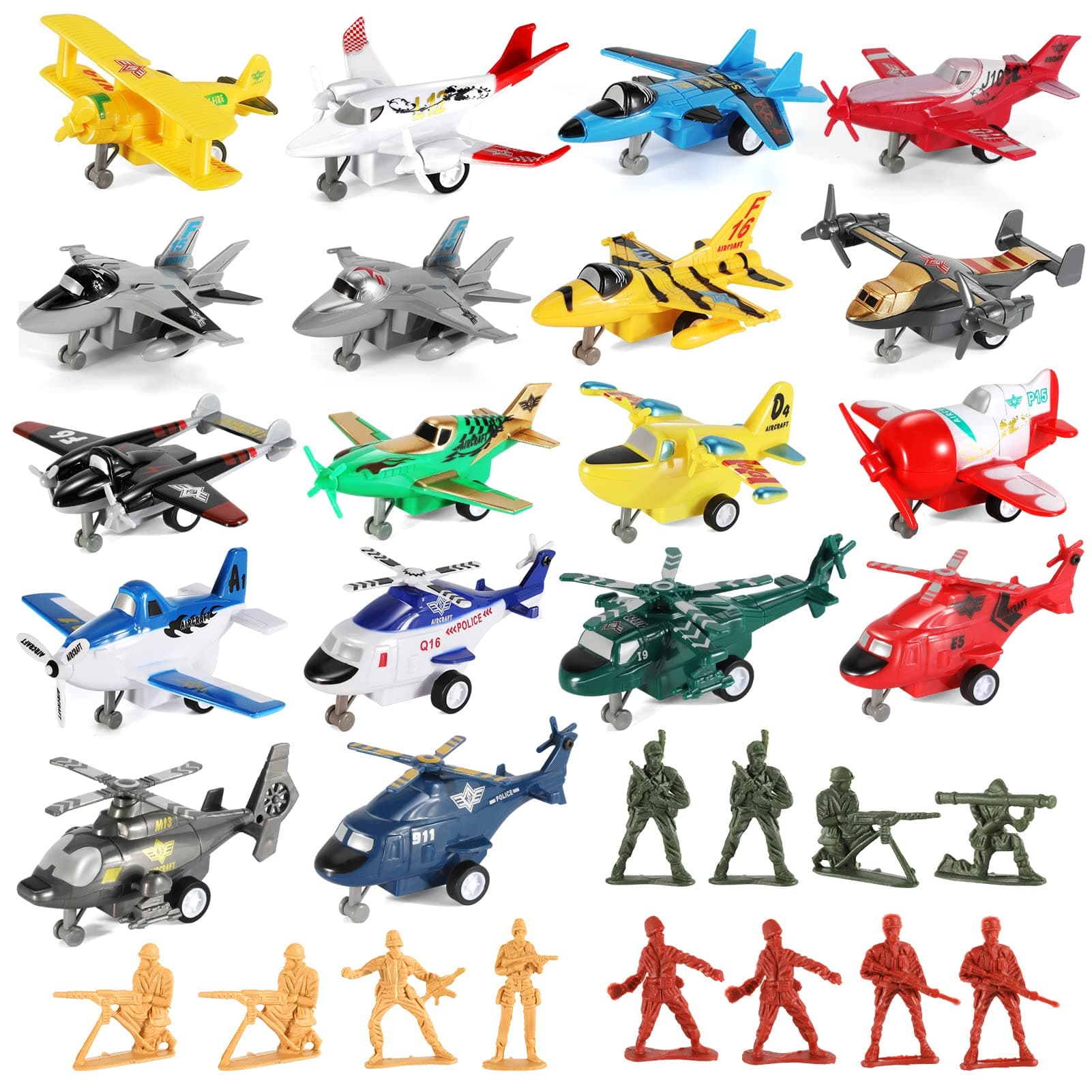 30 Pcs Airplane Toys Set Pull Back Vehicles Boys 18 Pcs Plane Playset 12 Pcs Military Soldiers Including Helicopter Toys Jet Toys Bomber Toys Fighter Jet Toys Biplane Toy for Birthday Party Favor Toys