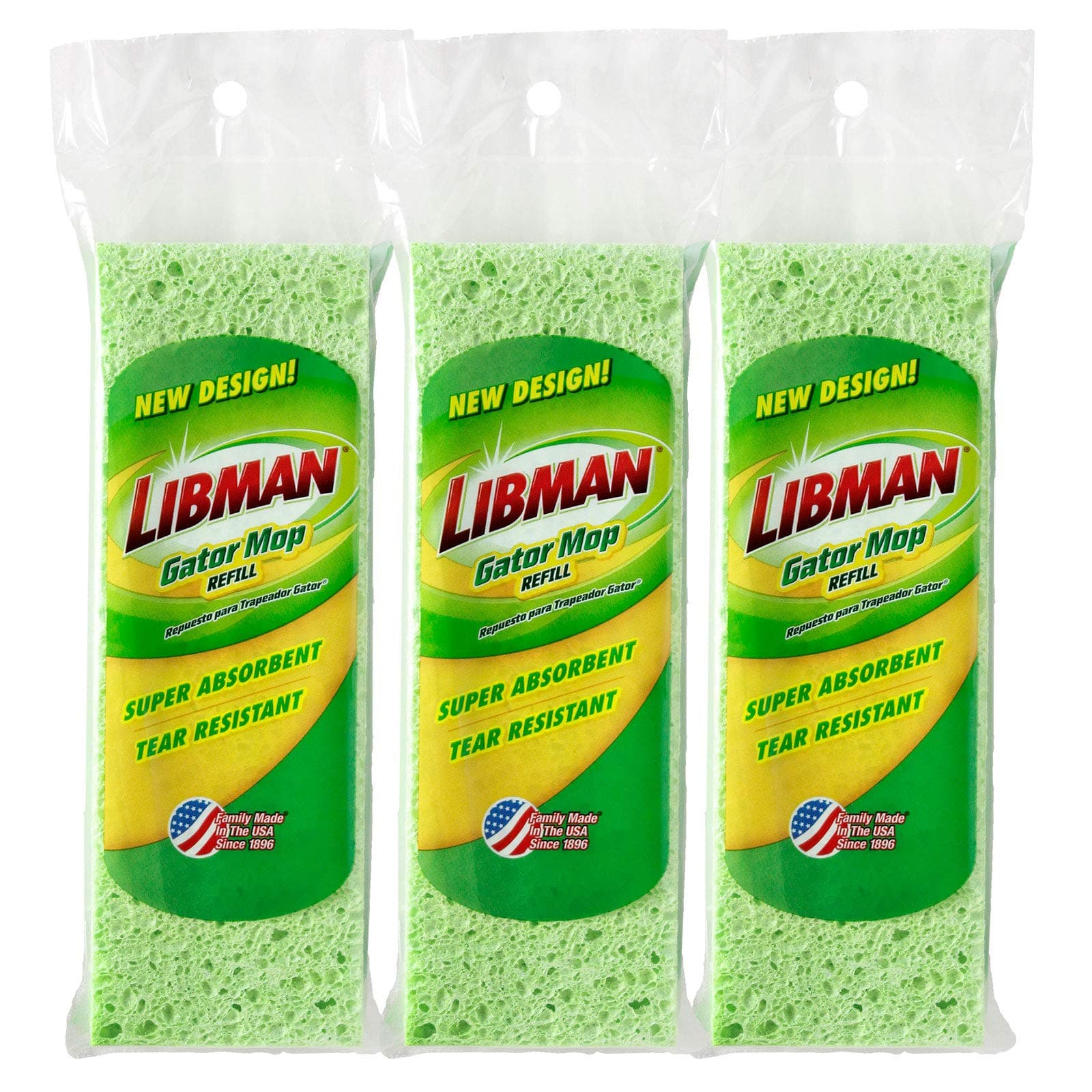 Libman 1487 Gator Mop Refill Pack – Extra-Absorbent, Cellulose Coated Sponge Replacement Heads for The Standrd 9 Inch Libman Gator Mop, 3-Pack of Mopheads