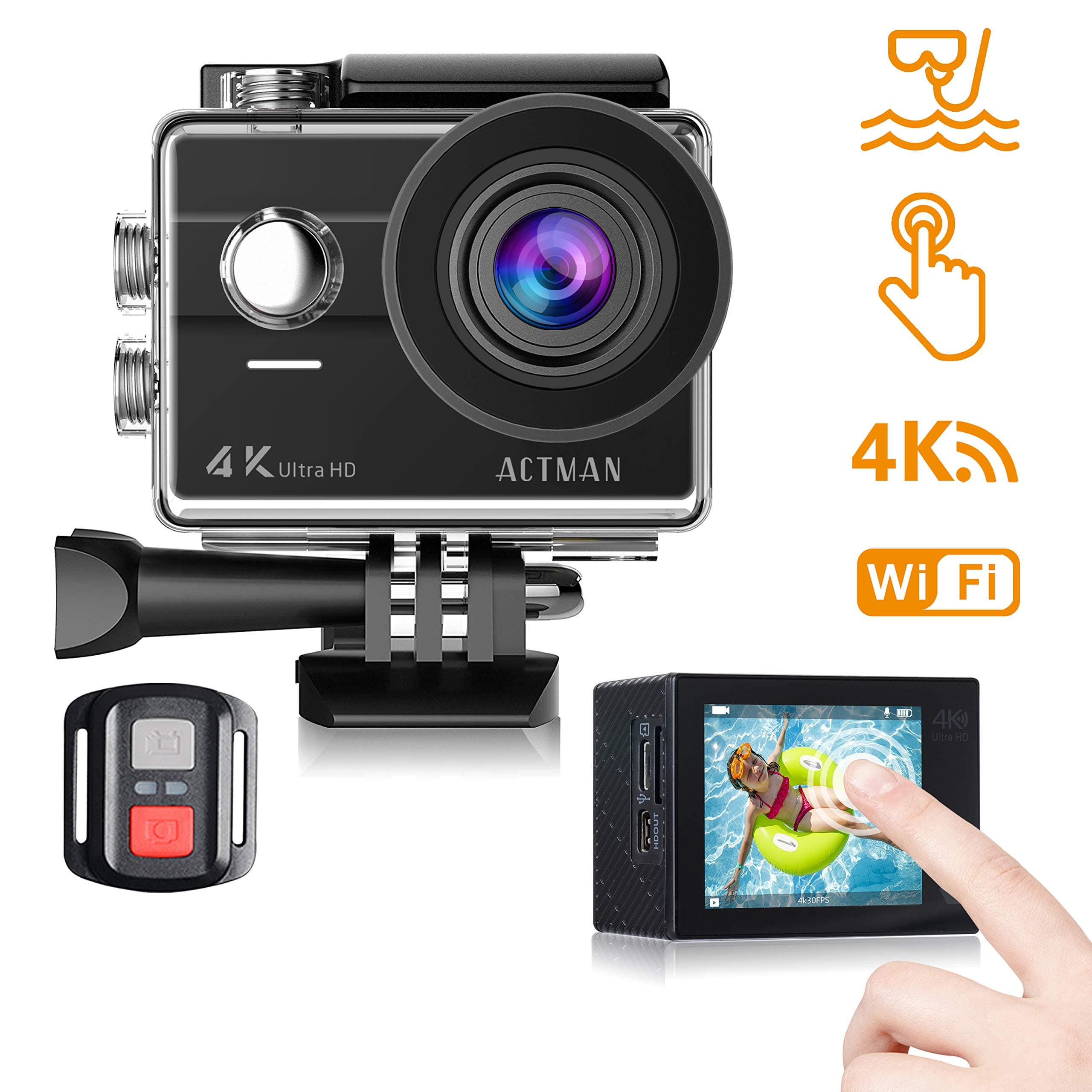 Action Camera 2 Inch Touch Screen 4K Waterproof Underwater Cameras WiFi Sports Camera Helmet Bike Camera HD 16MP with Remote Control Compatible with Go Pro