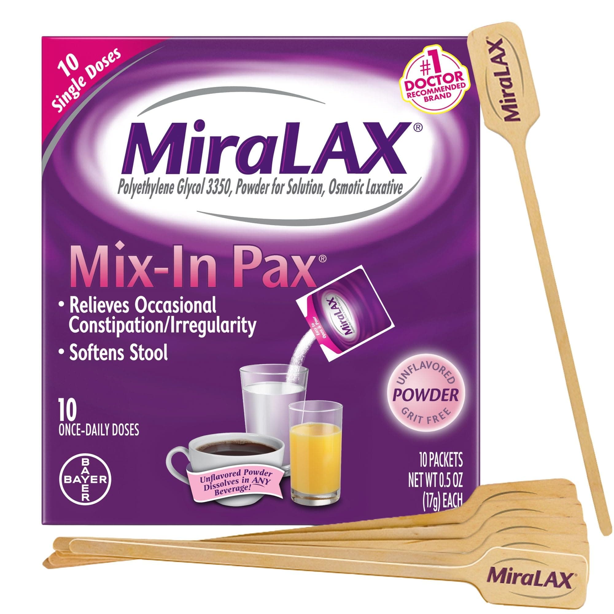 MiraLAX Gentle Constipation Relief Laxative Powder, Stool Softener with PEG 3350, No Harsh Side Effects, Single Dose Mix-In Pax with Mixing Stirrers, Travel Pack, 10 Dose