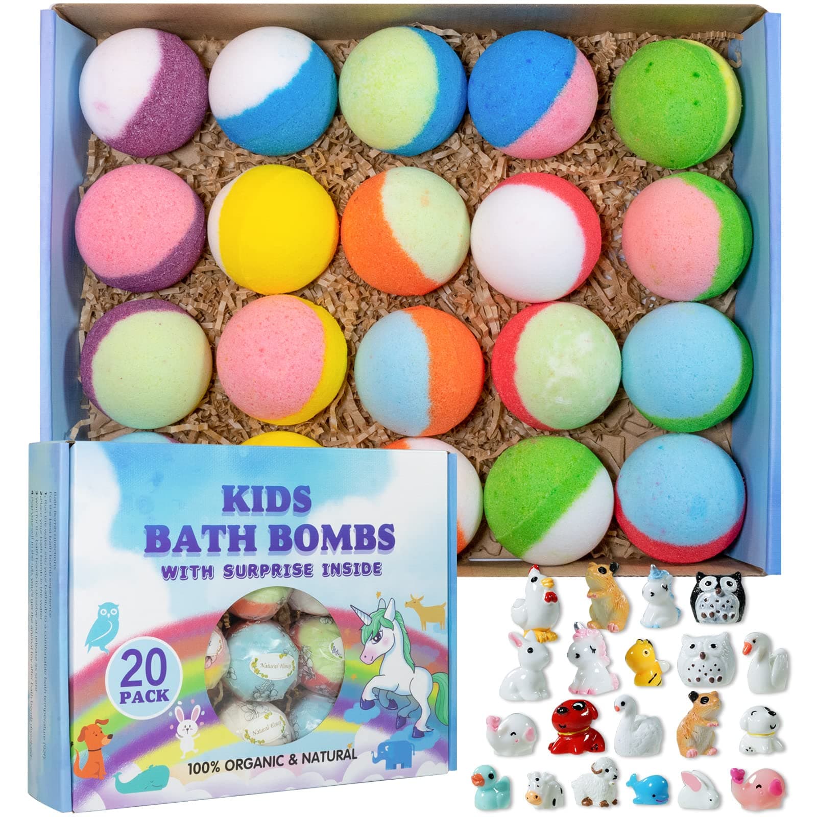 Bath Bomb Gift Set with Toys Inside, 20 Pack Organic Bath Bombs for Kids, Kids Safe Handmade Fizzy Balls for Kid, Ideal Birthday Gift for Boys & Girls