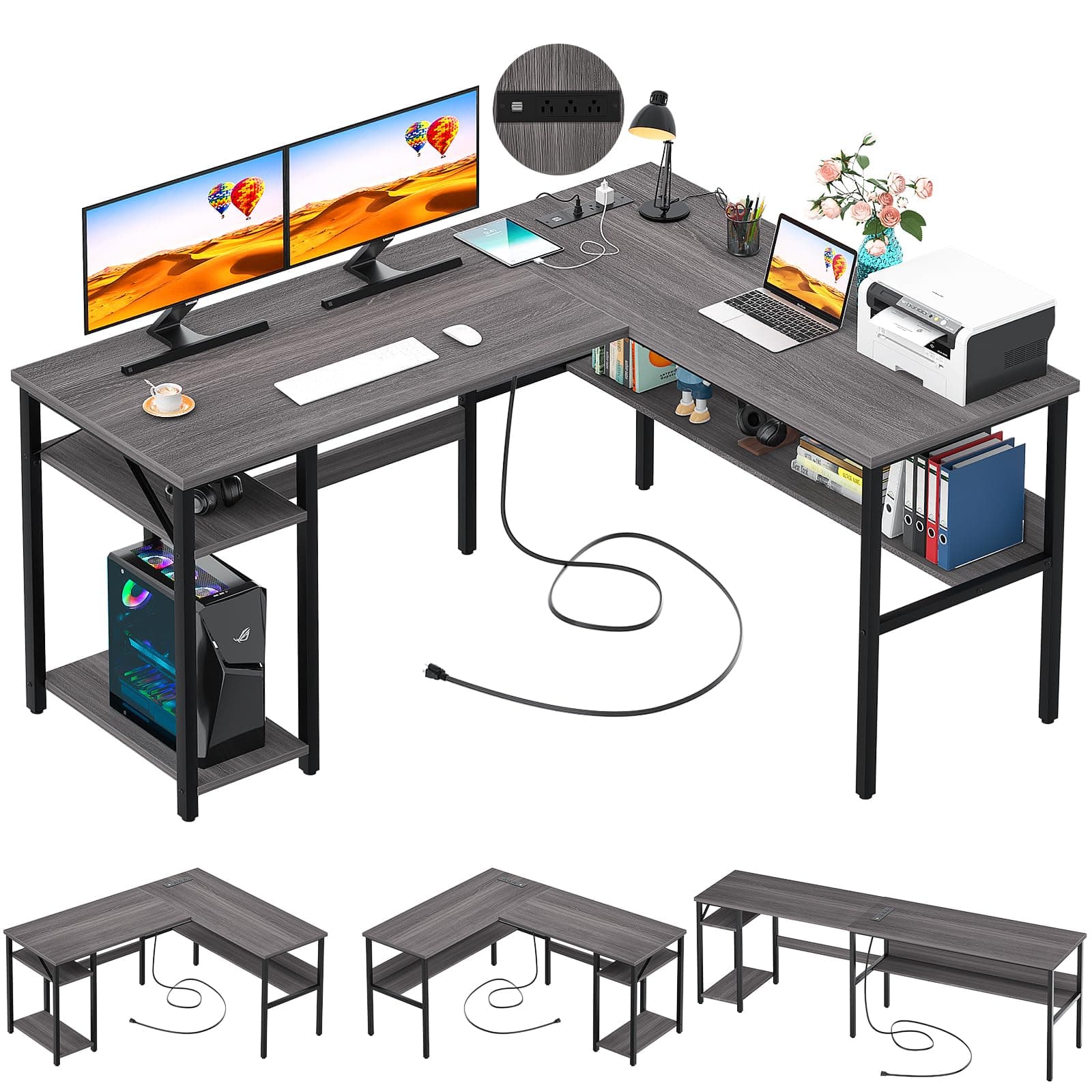 Unikito L Shaped Computer Desk with USB Charging Port and Power Outlet, Reversible L-Shaped Corner Desk with Storage Shelves, 2 Person Long Gaming Table Modern Home Office Desk, Enoch Walnut