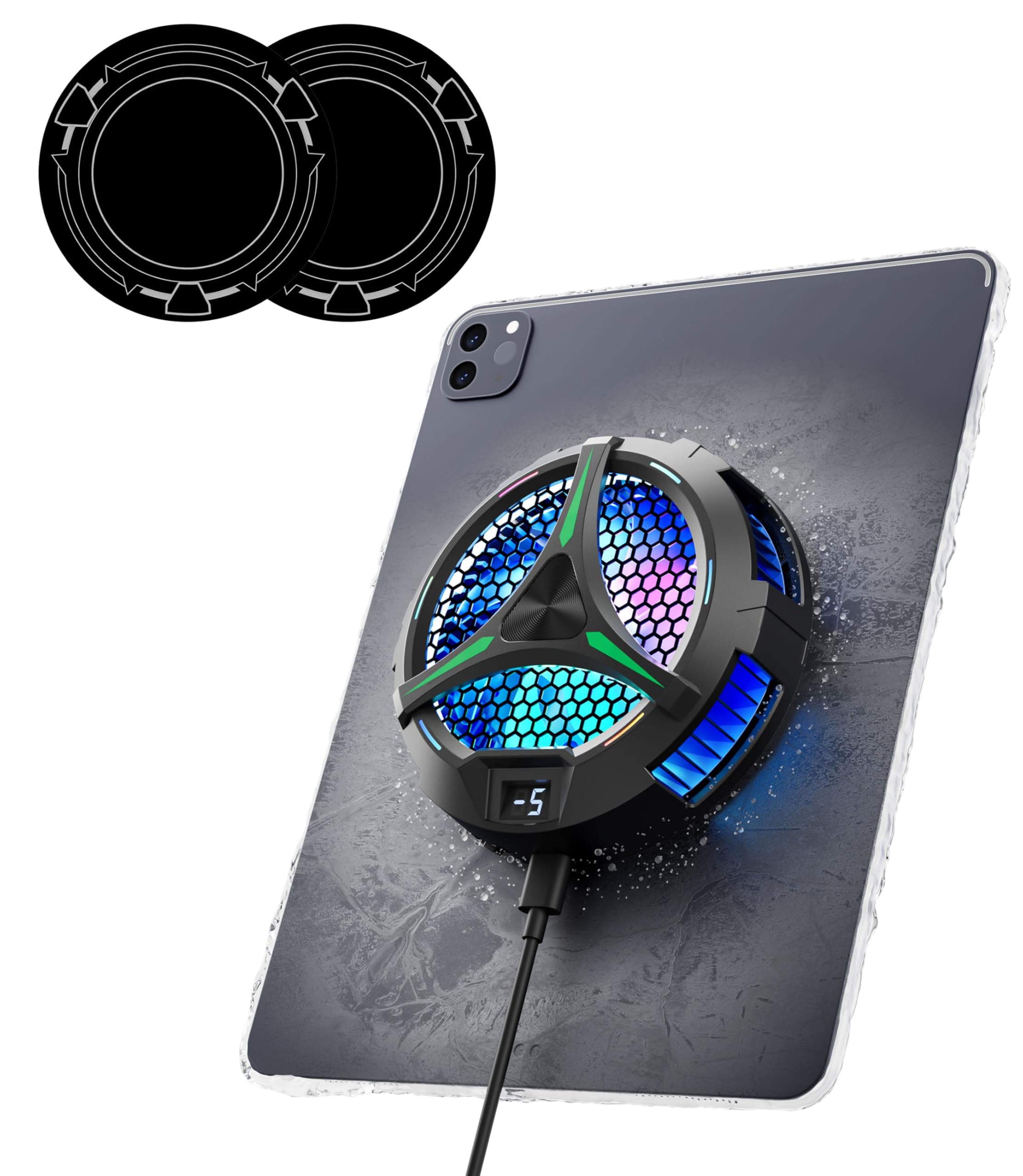 ACEDAYS iPad Cooler,Magnetic Tablet Cooler for ipad/Surface pro/Samsung Tab,iPad Cooing Fan with Temperature Display for Mobile Gaming,Tiktok Live Streaming (Green Mech+3 pcs Magnetic Suction Sheet)