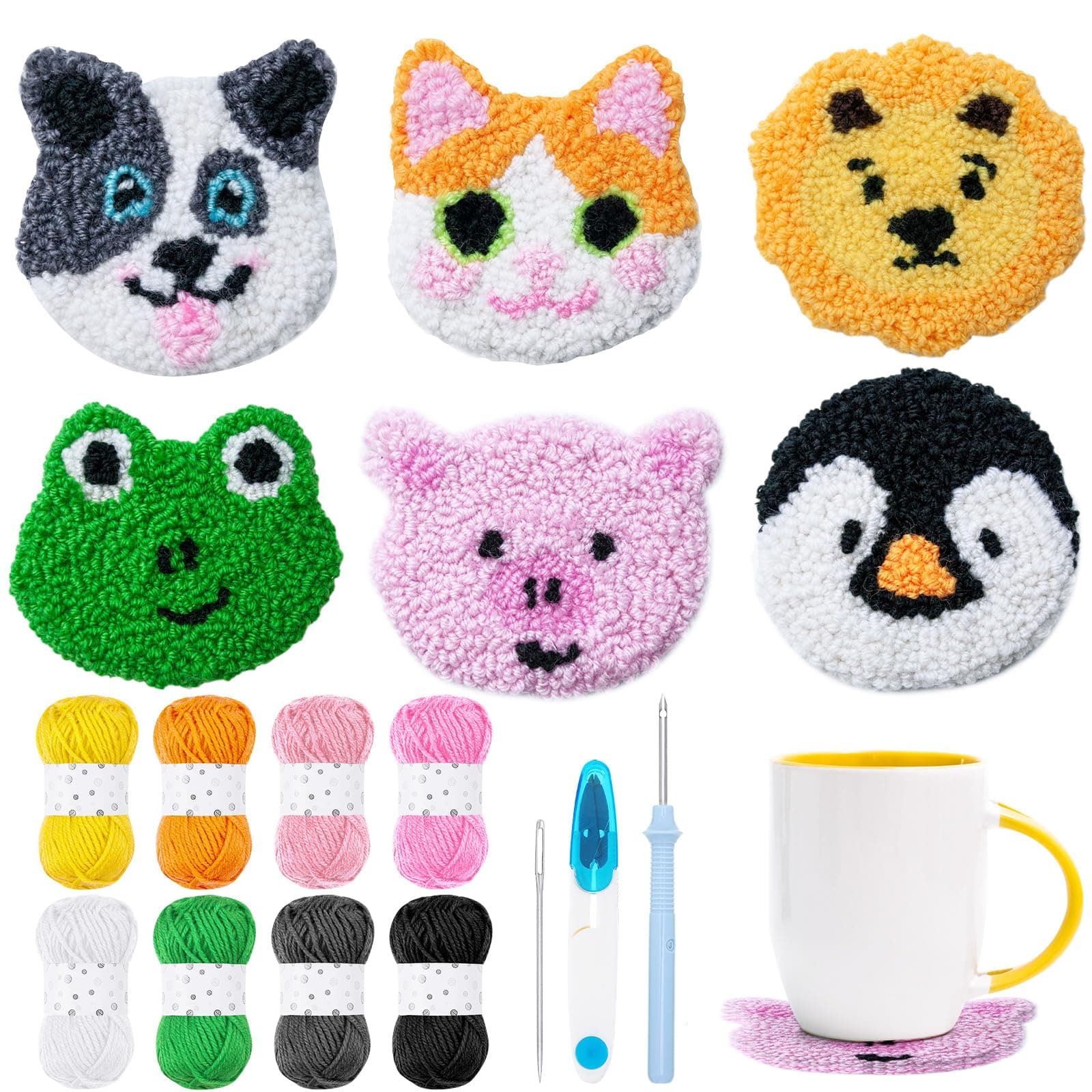WovWeave 6 Set Animal Punch Needle Coasters Kit with Pattern, Yarn, Adhesive Felts, Hand Tools, Plastic Embroidery Hoop and Instruction Rug Punch Decoration DIY Art Crafts Kit for Adult Beginner