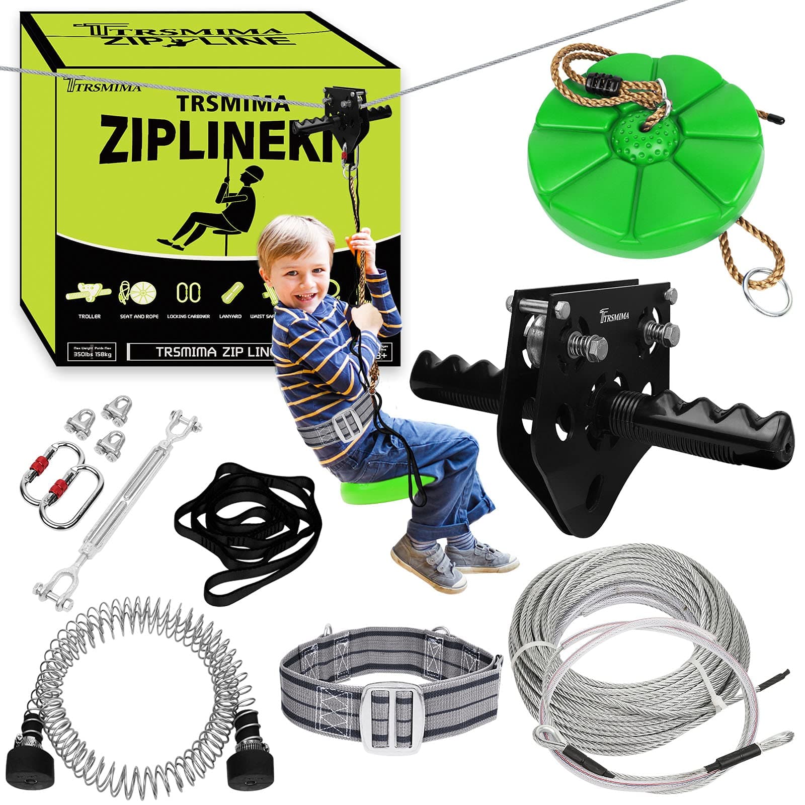 100 ft /120 ft /150 ft/180ft Zip Line Kit for Kids and Adult Up to 380 lb - Updated Removable Design Trolley and Thickened Seat, Rust Proof W/Safety Harness - Zipline Kits for Backyard