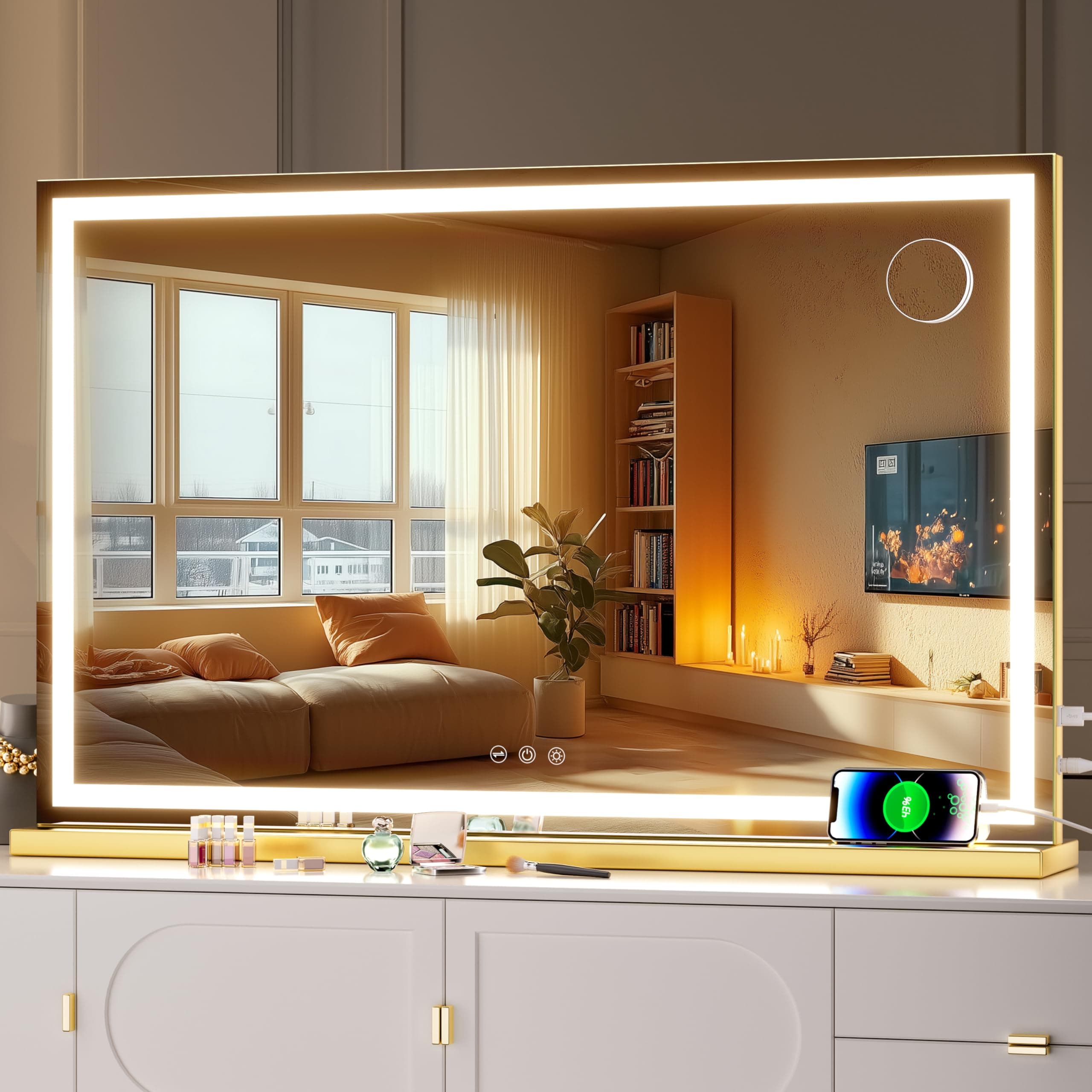 Hasipu Vanity Mirror with Lights, 80 x 50cm LED Makeup Mirror, Lighted Makeup Mirrors with Dimmable 3 Modes, Touch Screen Control Vanity Mirrors Square Gold