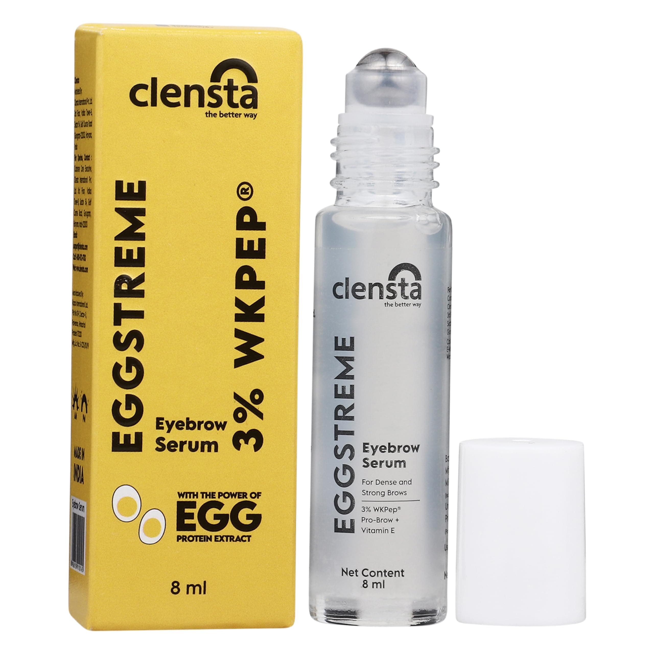 Clensta Eyebrow Growth Roll On Serum | Enriched with Vitamin E & Egg Protein | Adds Strength & Shine | For Fuller & Thick Brows | 0.27 Fl Oz/8ml