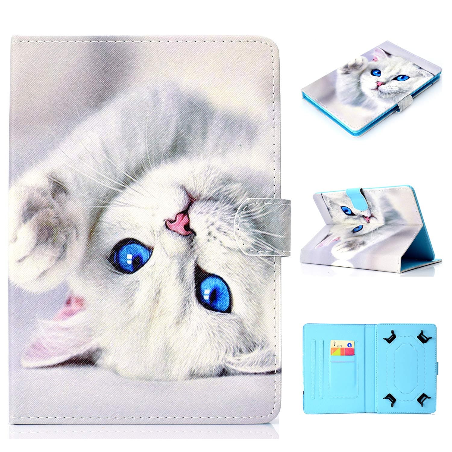 Universal 10" Tablet Case, PU Leather Slim Folio Stand Cards Slots Protective Cover for iPad 9.7"/ Galaxy Tab A/S2/S3 9.7/ Tab 4/A 10.1/ Tab A/S4/S5E/S6 10.5/S6 Lite 10.4 2020, White Cat