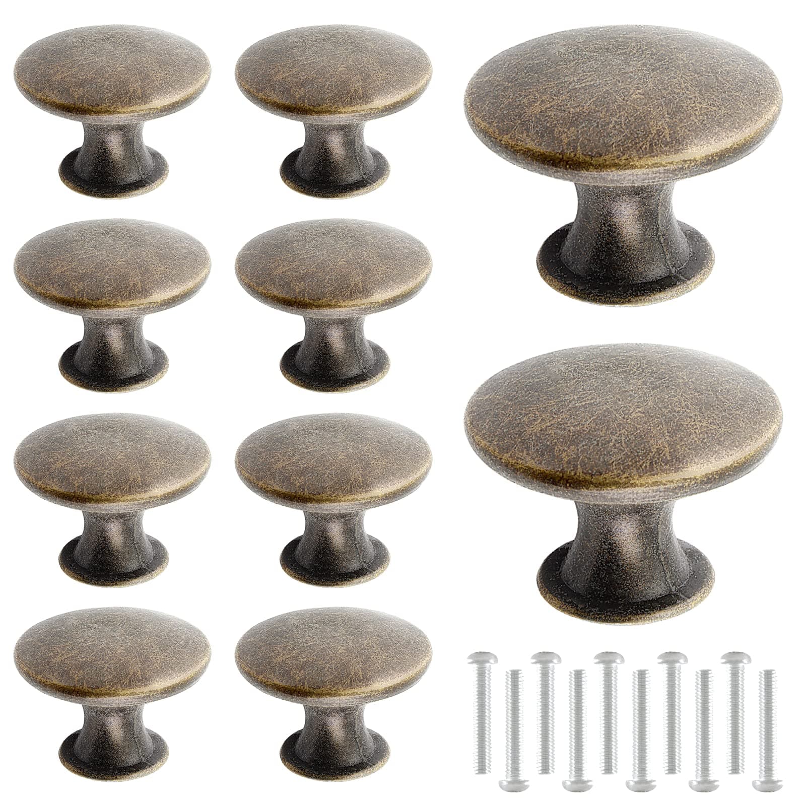 Zorfeter 10 Pcs Antique Brass Cabinet Knobs Round Rustic Brass Drawer Knobs Hardware Pulls Handles for Kitchen Cupboard Dresser, 30mm Diameter