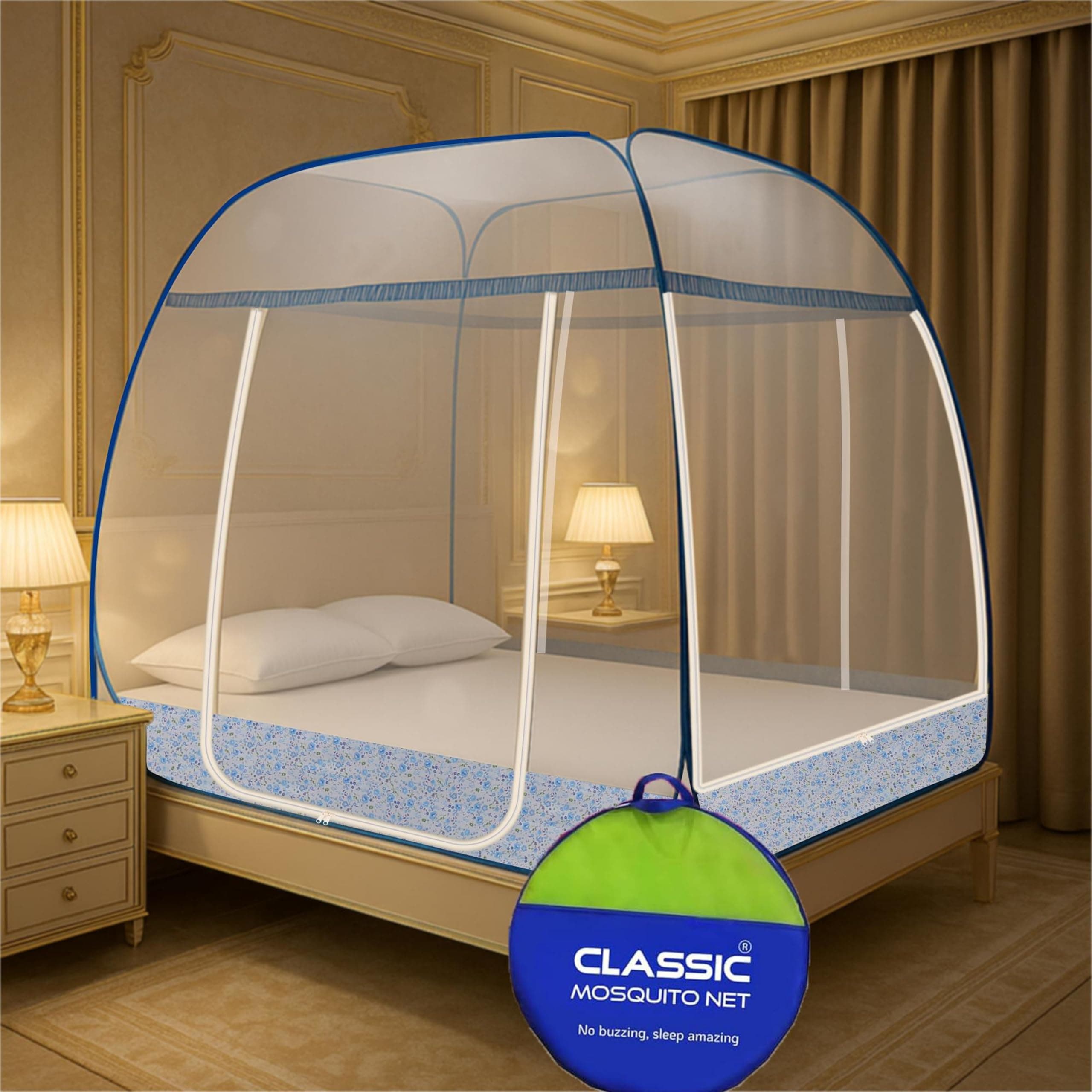 Classic Mosquito Net for Double Bed Supreme King Size Bed,Foldable Machardani with 3 Side Zipper Opening Doors & Mobile Pocket,Strong 30GSM Polyester Net, PVC Coated Steel Wire -Blue