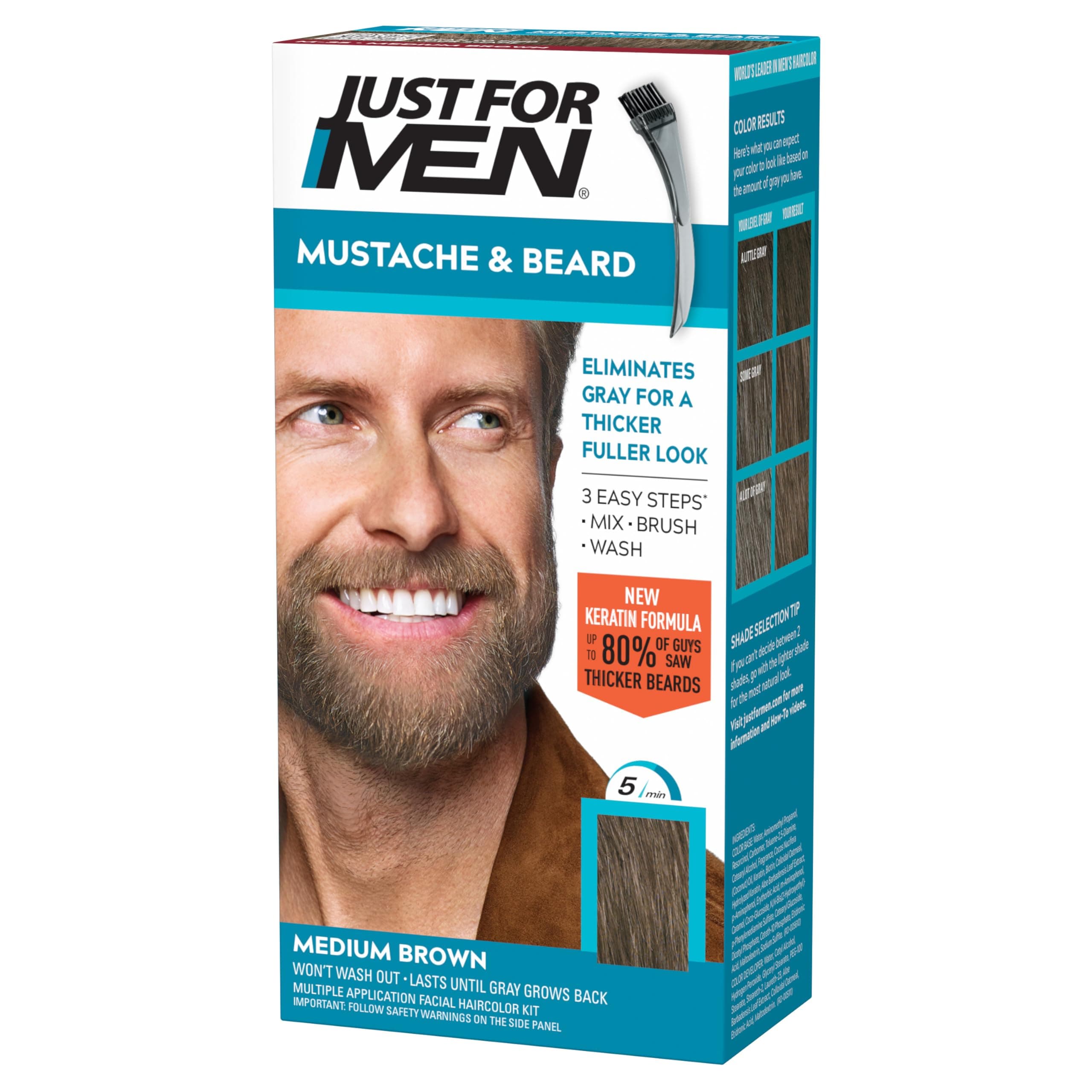 Just for Men Mustache & Beard, Beard Coloring for Gray Hair with Brush Included for Easy Application, With Biotin Aloe and Coconut Oil for Healthy Facial Hair - Medium Brown, M-35 - Pack of 1