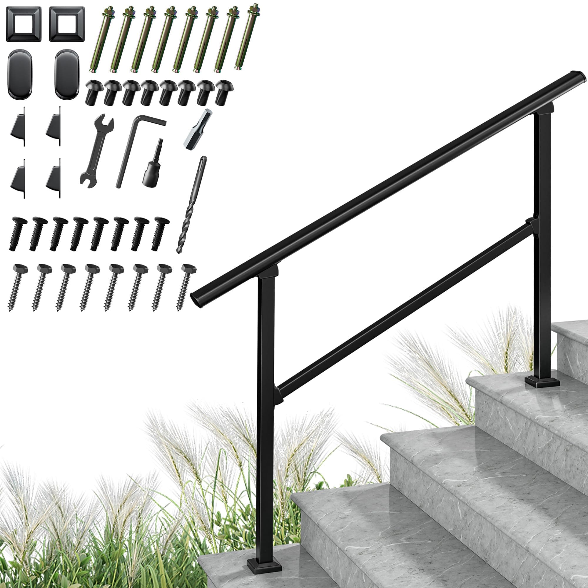 ZeroPone Upgrade 4-Step Outdoor Handrail Kit - Black Transitional Hand Rail for Outdoor Steps (3-4 Steps)