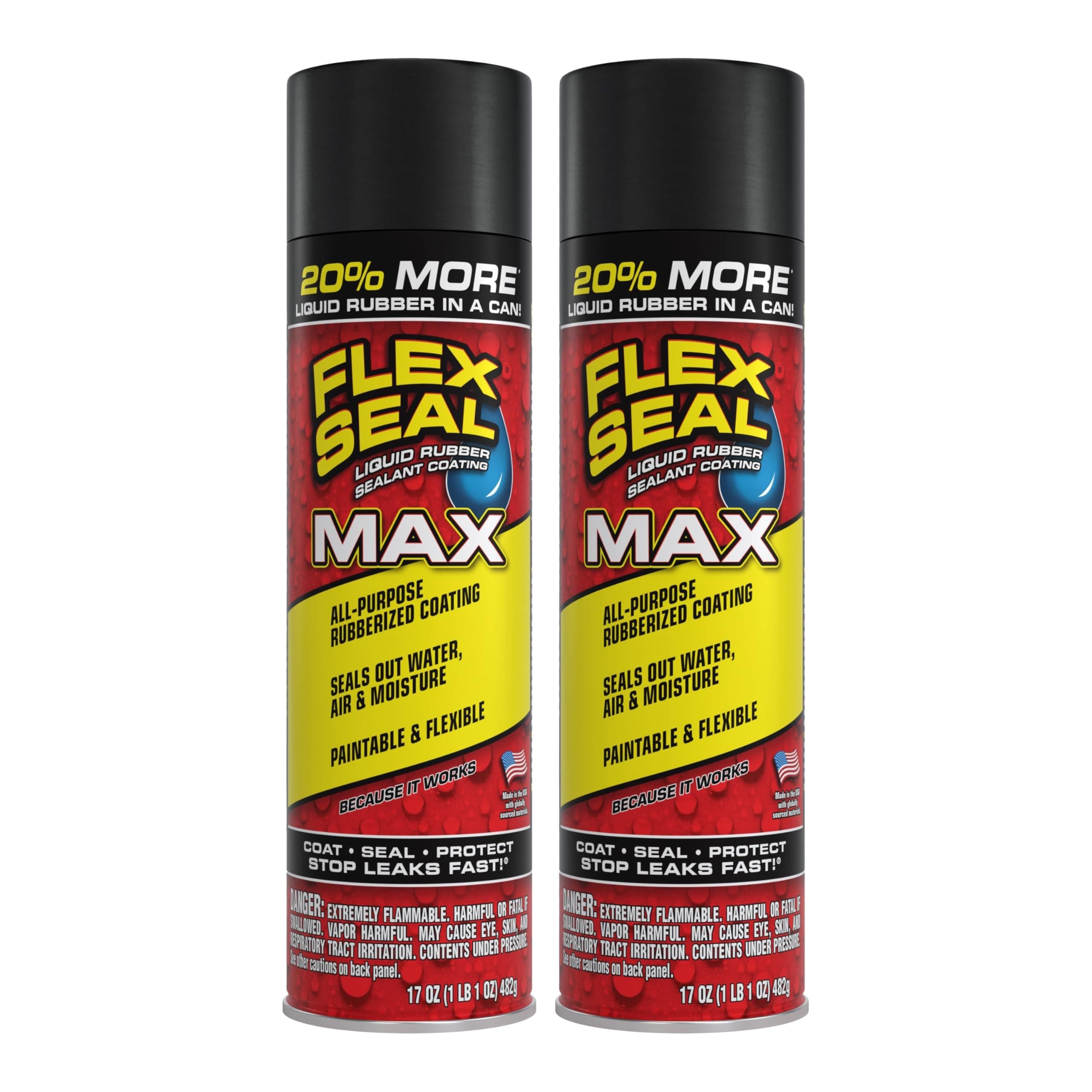 MAX, 17 oz, 2-Pack, Black, Stop Leaks Instantly, Waterproof Rubber Spray On Sealant Coating, Perfect for Gutters, Wood, RV, Campers, Roof Repair, Skylights, Windows, and More