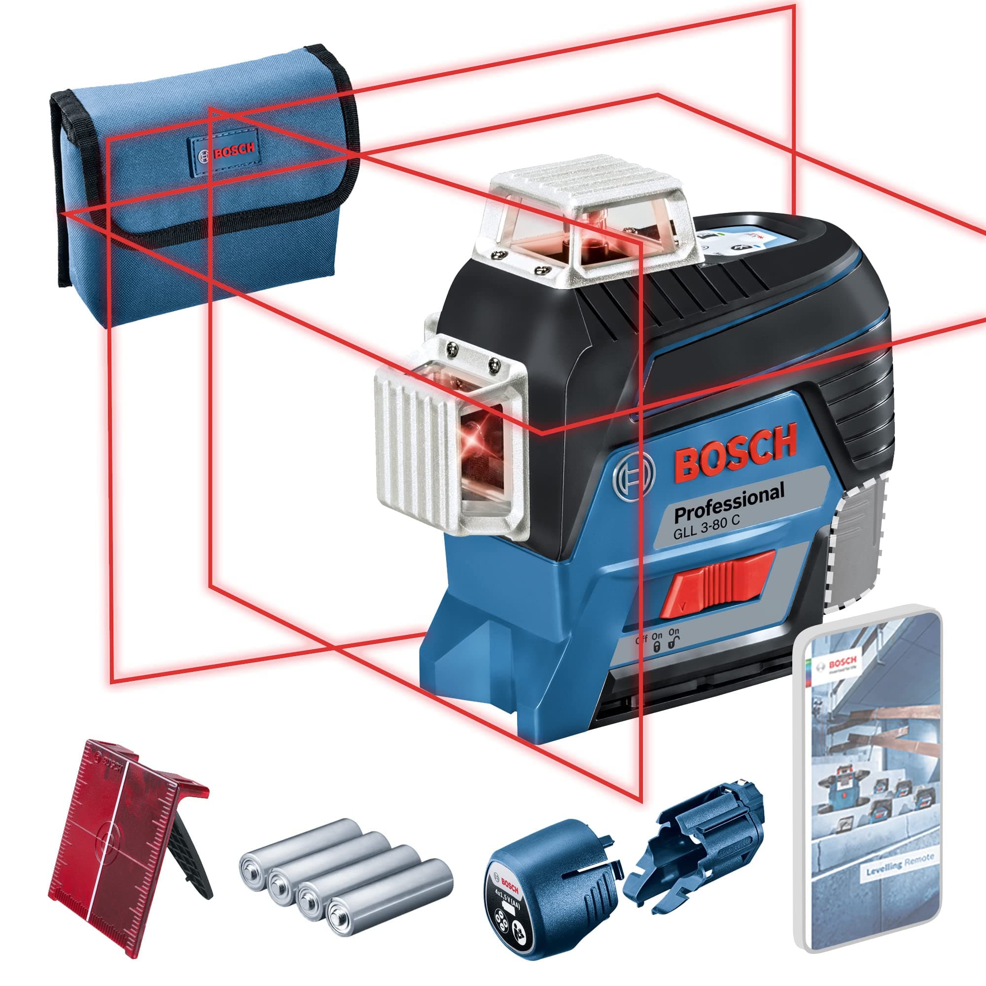 12V System Laser Level GLL 3-80 C (1x battery 12V, red laser, interior, w/app function, mount, working range: 30m, in L-BOXX)