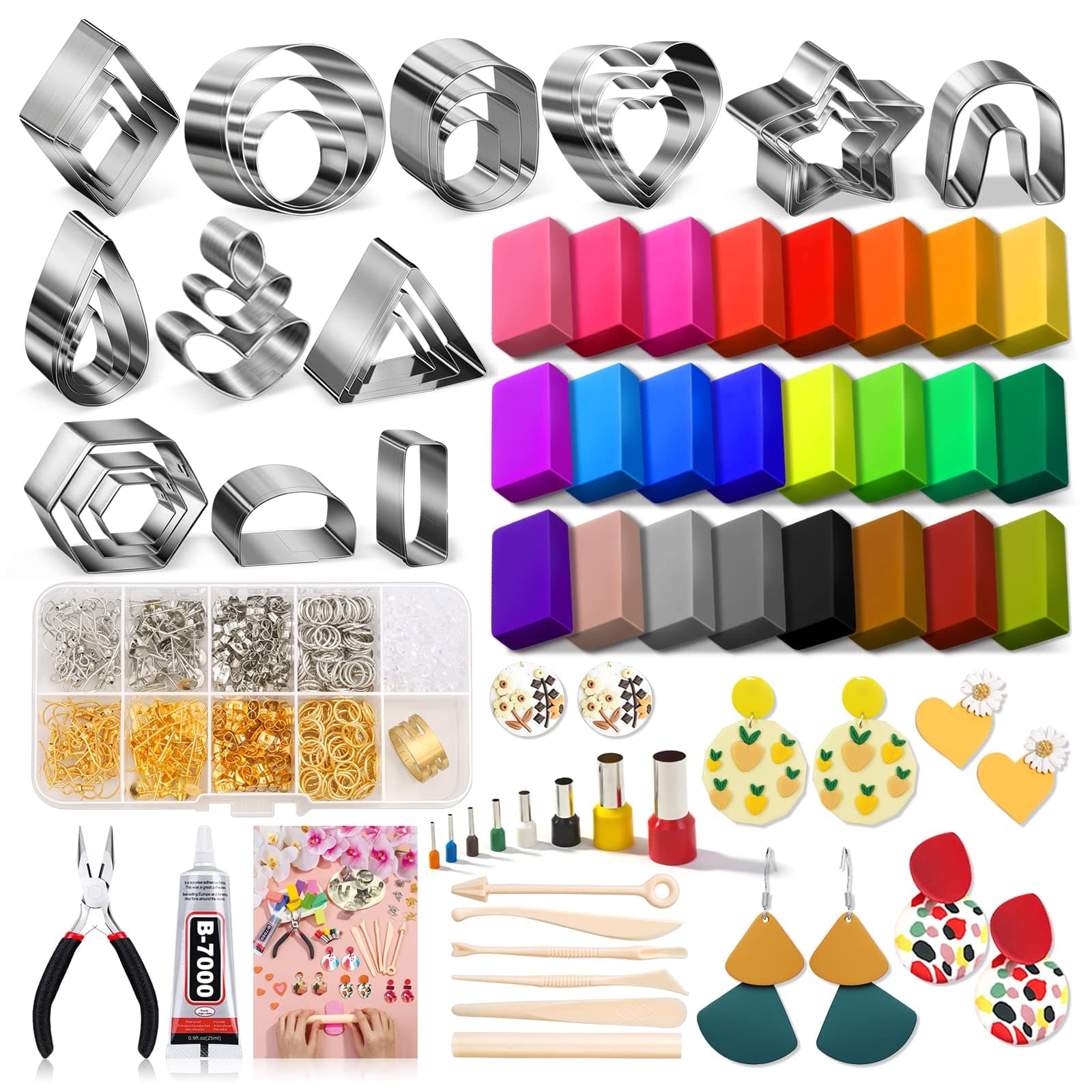 Polymer Clay Earring Making Kit- 30 Clay Earring Cutters, 24 Color Polymer Clay, 8 Circle Cutters, Rollers, B7000 Glue, 640 PCS Earrings Making Tools Accessories for Jewelry DIY (Instructions Include)