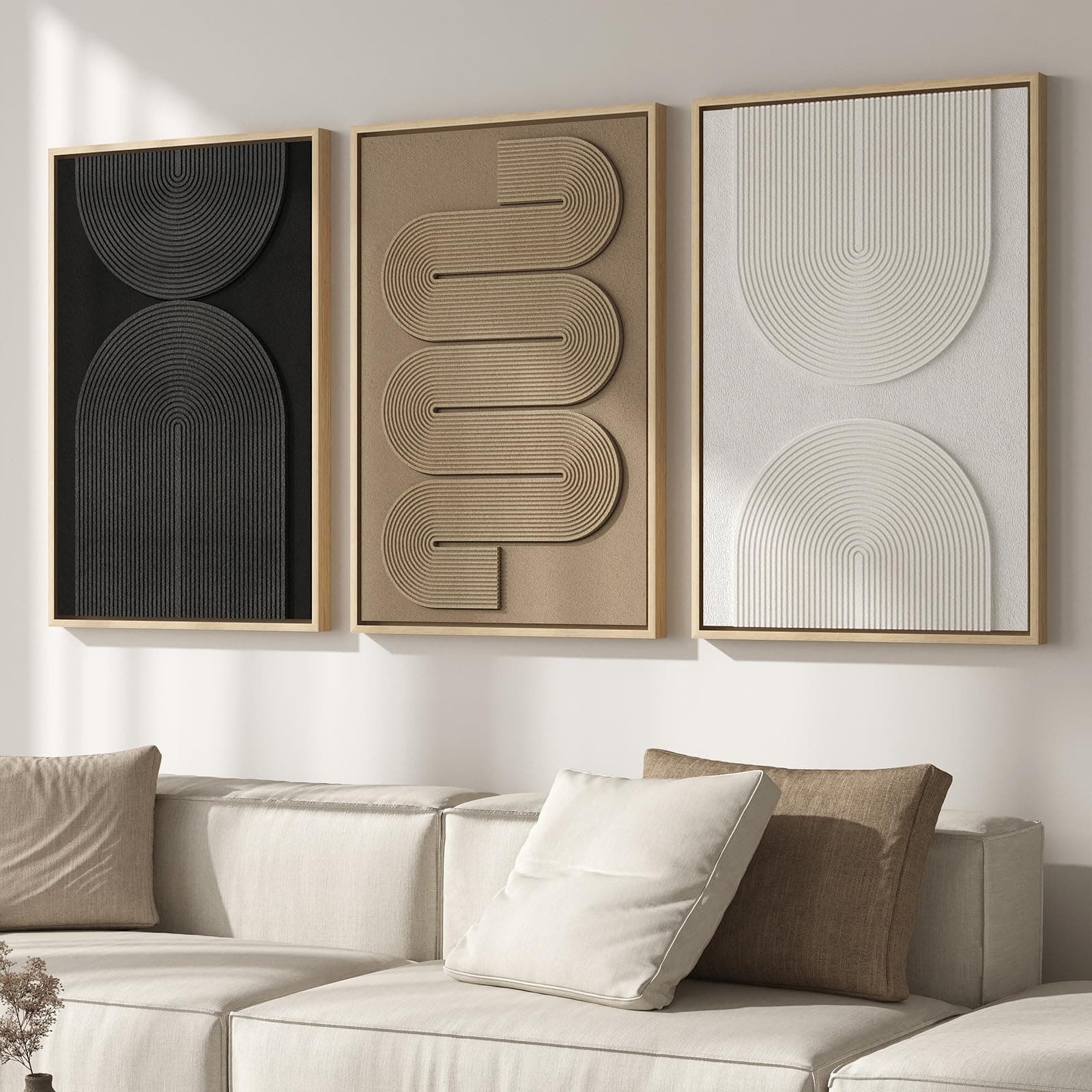 Large 3D Textured Framed Boho Neutral Abstract Wall Art for Living Room, 3 Piece Modern Paintings Artwork for Walls, Black White Brown Minimalist Geometric Pictures for Hallway Office Wall Decor 24x36 In