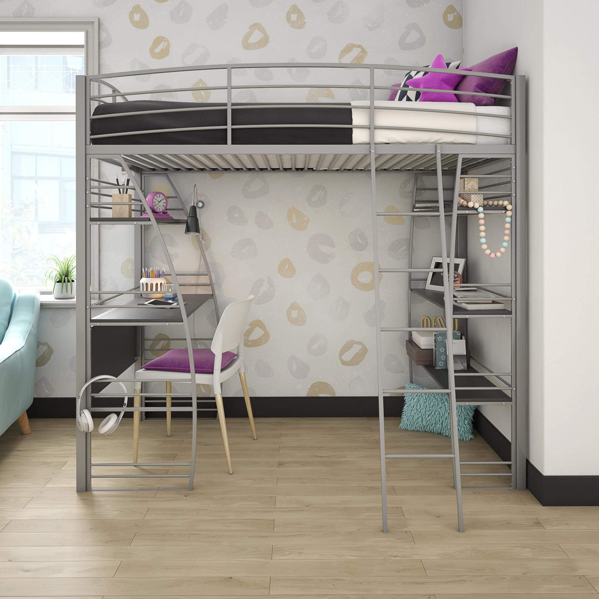 DHP Studio Loft Bunk Bed Over Desk and Bookcase with Metal Frame, Twin, Gray Gray