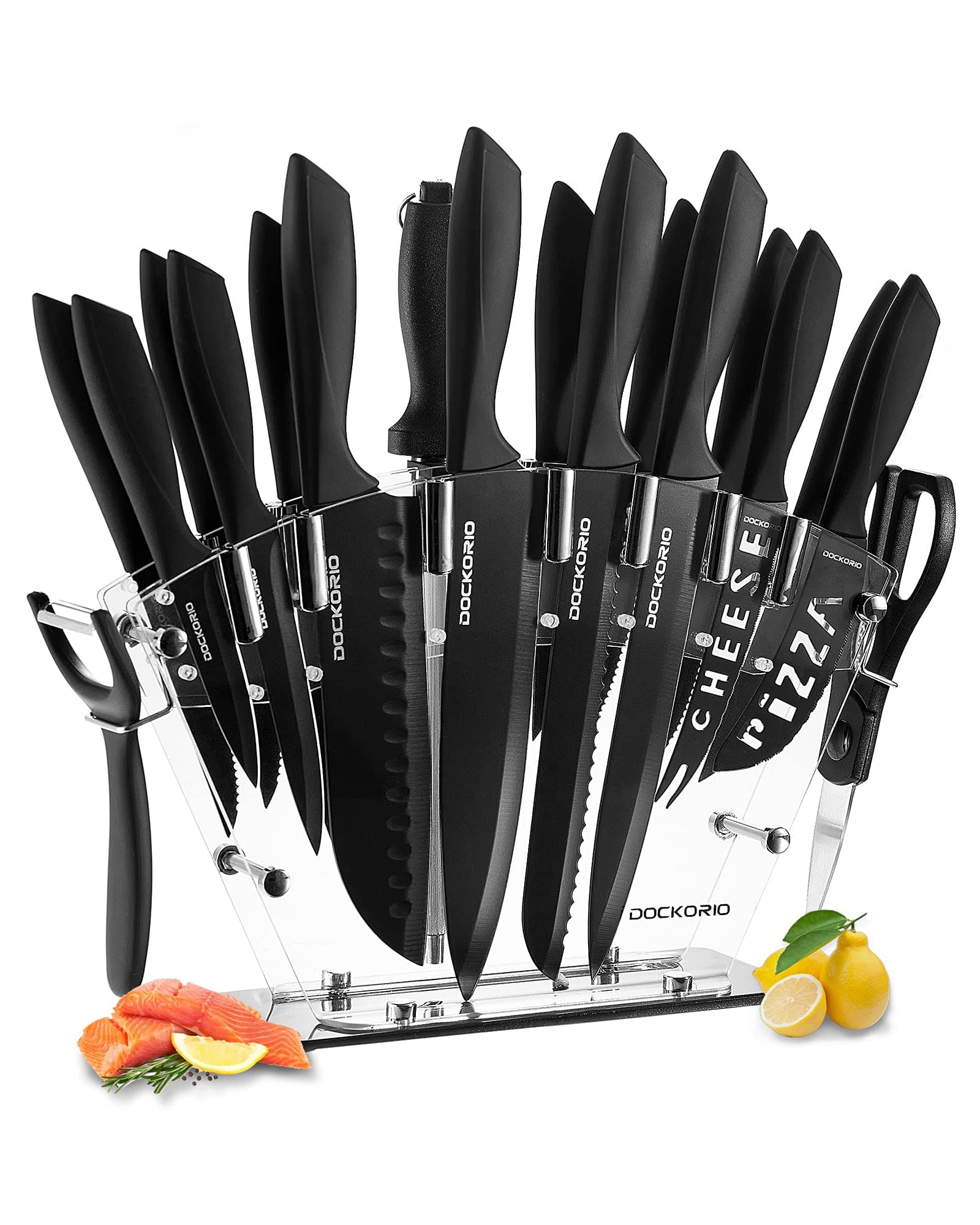 Kitchen Knife Set with Block, 19 PCS High Carbon Stainless Steel Sharp includes Serrated Steak Knives Set, Chef Knives, Bread Knife, Scissor, Sharpener, all in one