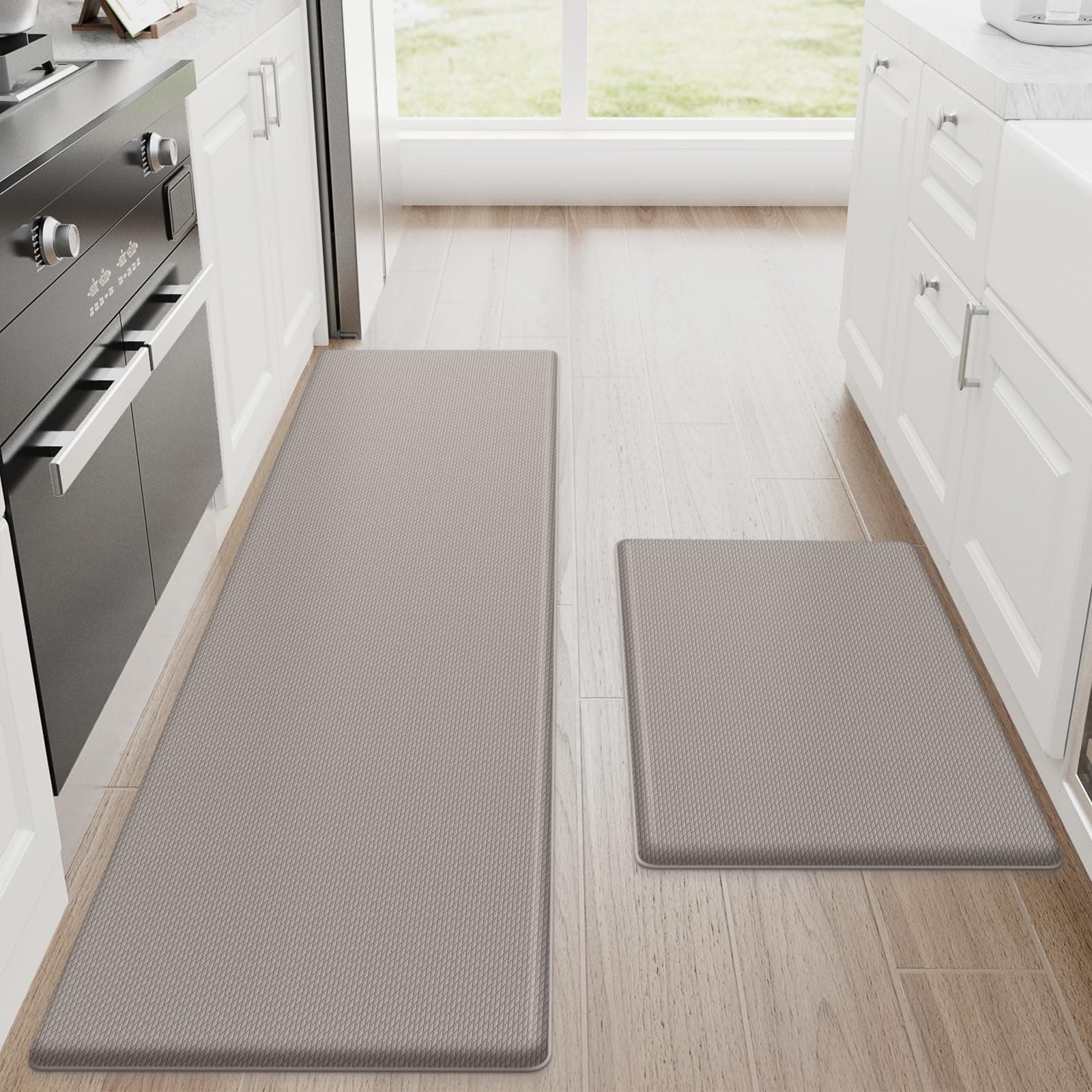 StepRite Kitchen Mats, 2PCS Kitchen Rugs, Cushioned Anti Fatigue Kitchen Mats for Floor, Non-Slip Standing Desk Mat, Waterproof Kitchen Rug Set for Kitchen, Floor, Office, 17.3"x30"+17.3"x59", Khaki