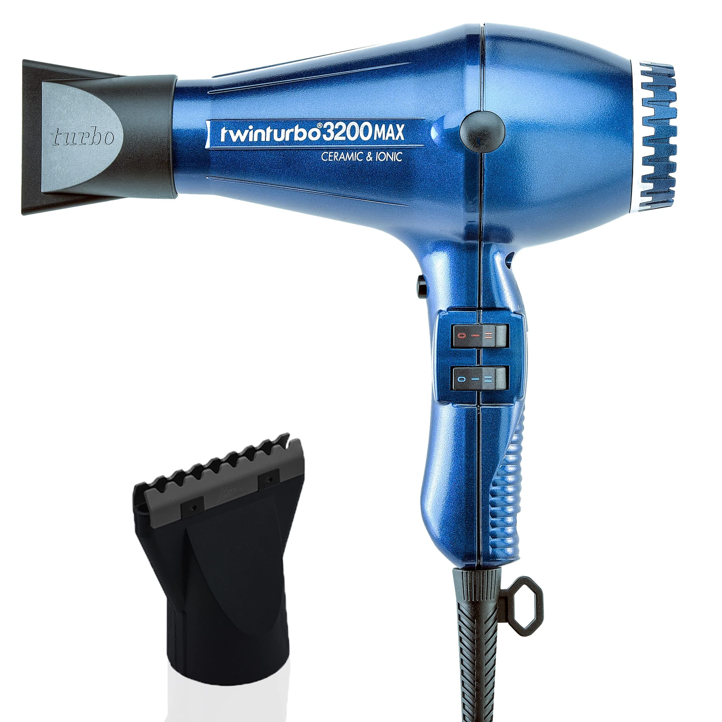 Turbo Power Twin Turbo 3200 MAX Ceramic & Ionic Night Blue and M Hair Designs Hot Blow Attachment Black (Bundle - 2 Items) (MHD2250)