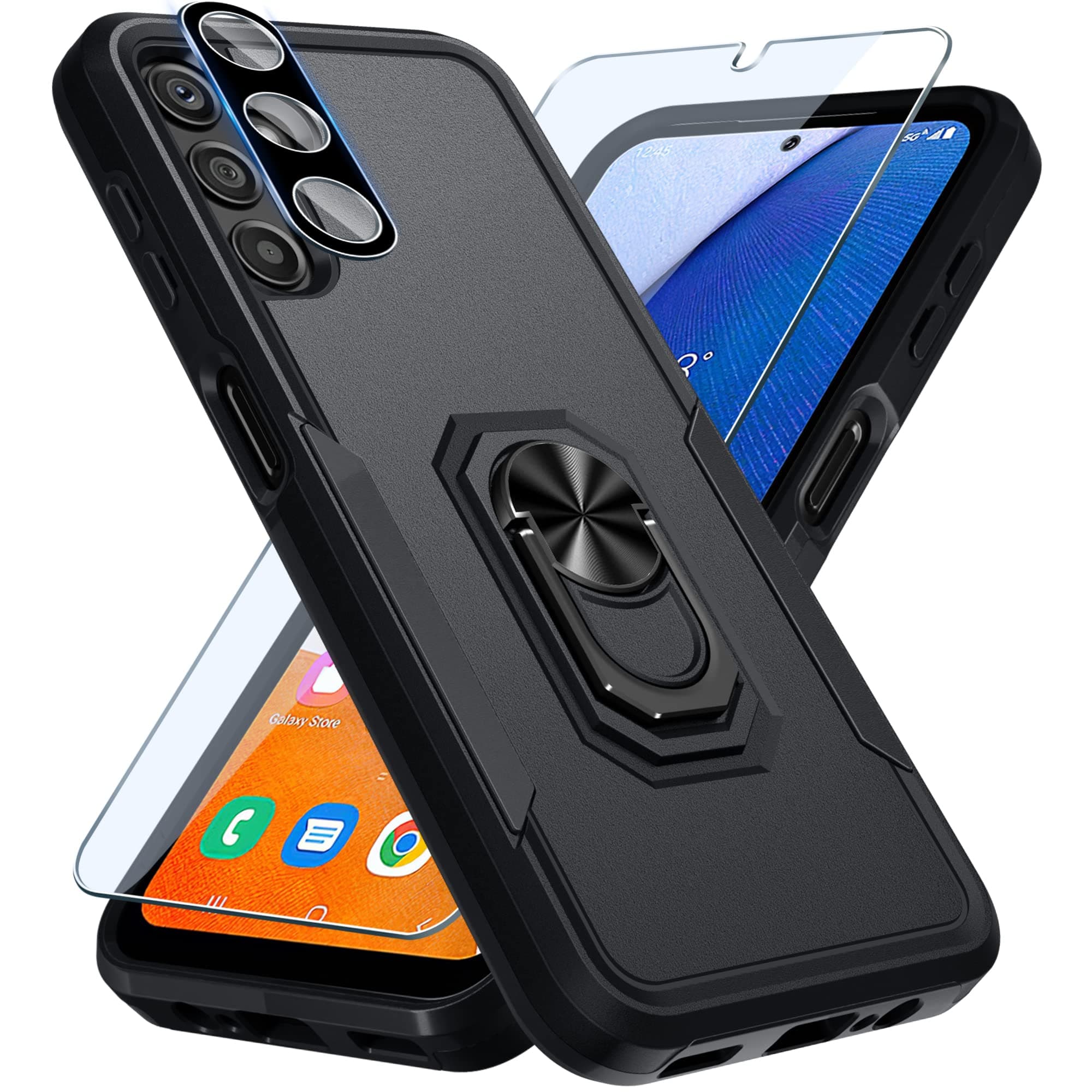 Compatible with Samsung Galaxy A14 5G Case with Screen Protector+Camera Lens Protector,Heavy Duty Full Body Phone Cover Built in Ring Holder Kickstand,2023 Black Matte