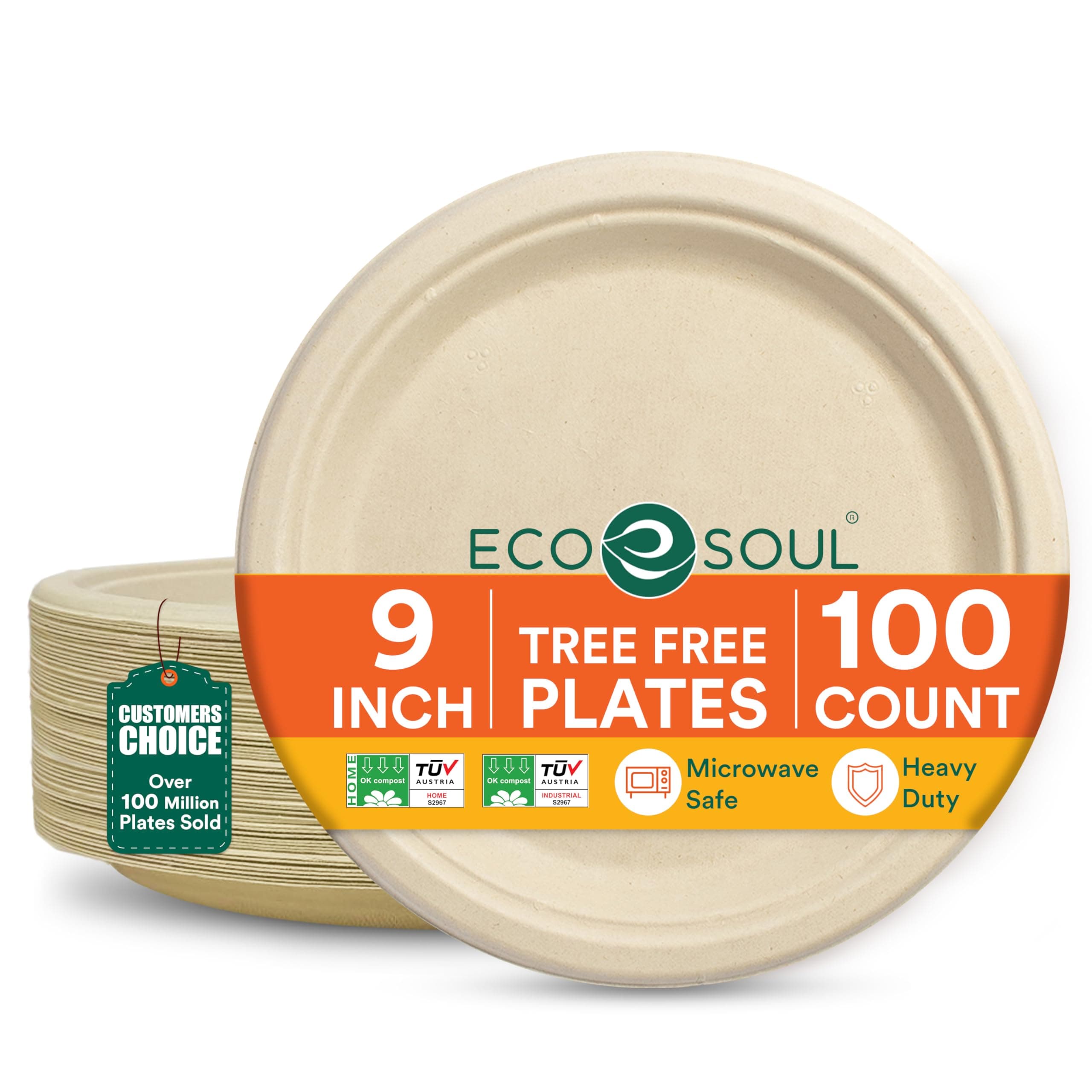 ECO SOUL Compostable Paper Plates 9 Inch, 100 Pack – Heavy Duty Disposable Dinner Paper Plates, Natural Bagasse, Leak-Resistant, Microwave Safe, Eco-Friendly Round Plates for Parties & Catering