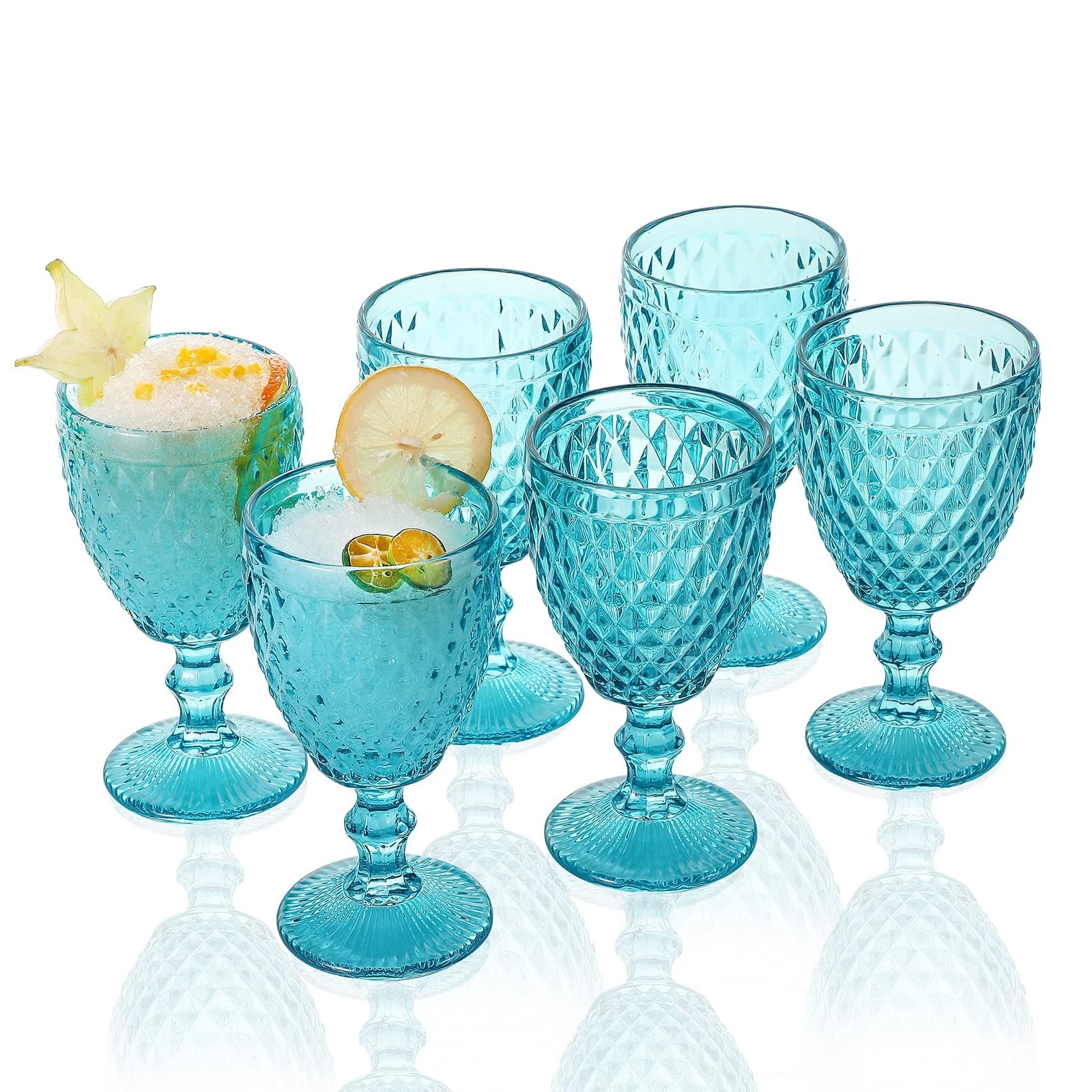 Blue Colored Goblet Glasses 10 oz. set of 6 Water Goblets Vintage Glassware Embossed with Diamond Pattern for Iced Tea Beverage for Party and Wedding