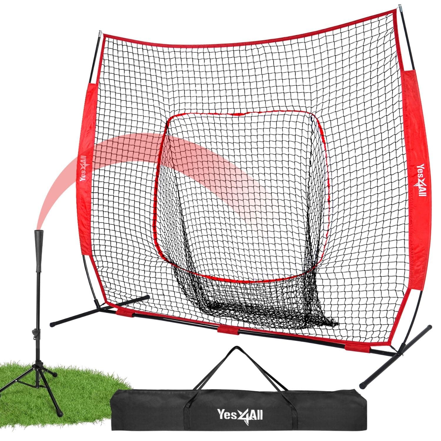 Yes4All 7x7ft Baseball Net with Batting Tee, Durable Softball Nets for Hitting and Pitching Practice, Backstop Net for Backyard Training