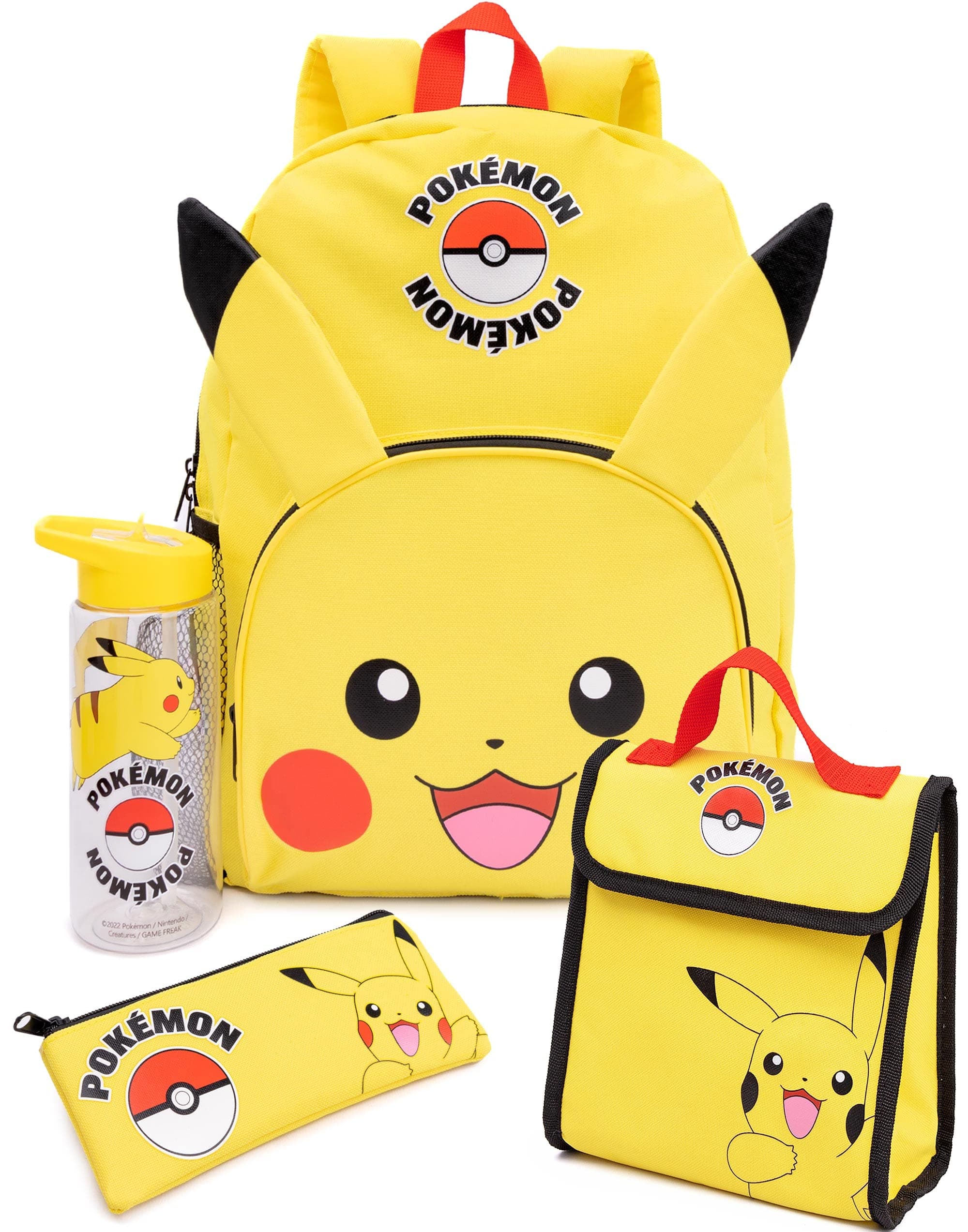 Pokemon Pikachu Backpack Set 4 Piece Lunch Box Water Bottle Pencil Case Set, Yellow, One Size, Rucksack Backpacks