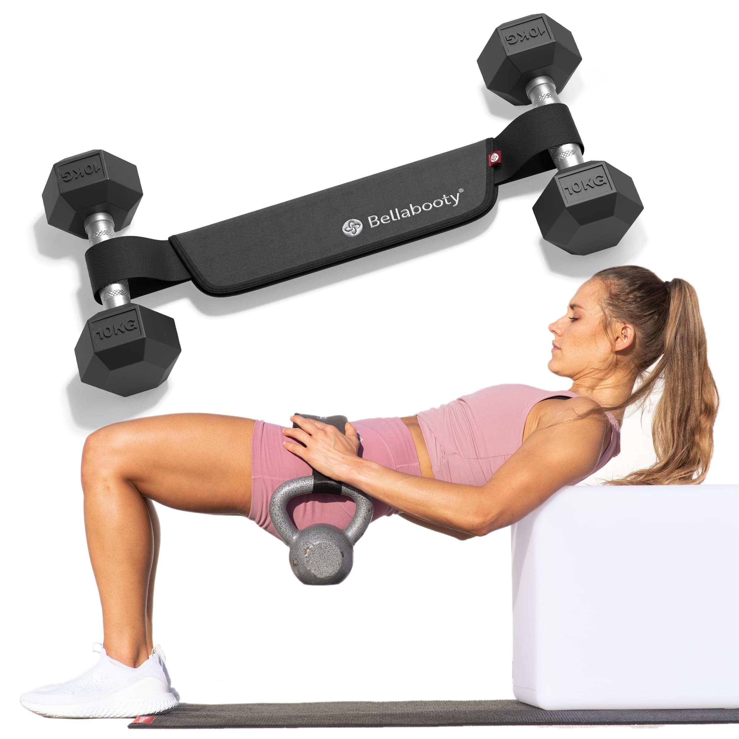 Bellabooty Exercise Hip Thrust Belt, Easy to Use with Dumbbells, Kettlebells, Plates, Anti-Slip Pads for Gym, Home Workouts, and On the Go
