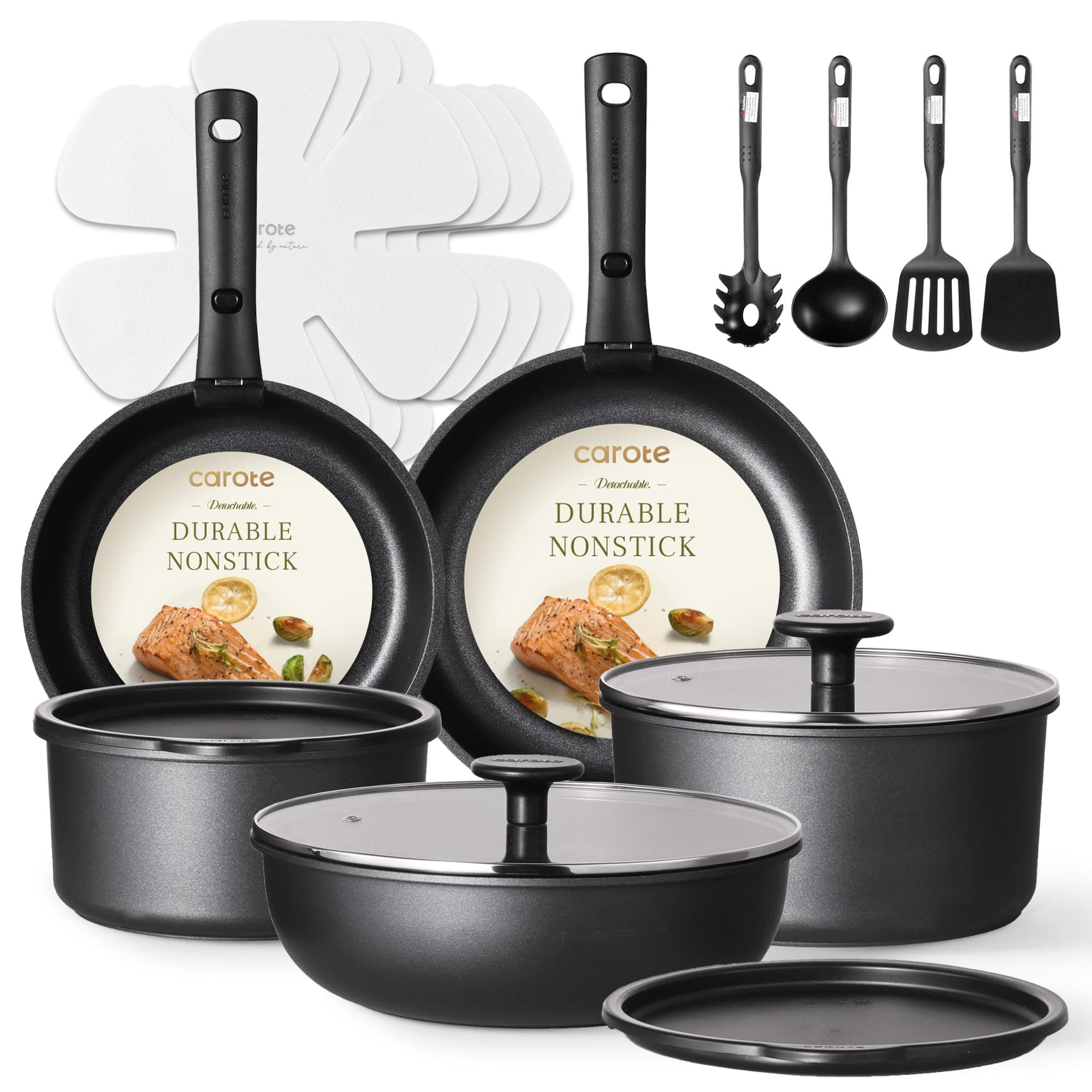 CAROTE Pots and Pans Set Non Stick, Cookware Set Detachable Handle, Nonstick Induction Kitchen Sets Non Stick with Removable Handle, RV Cook Ware, Oven Safe, Black