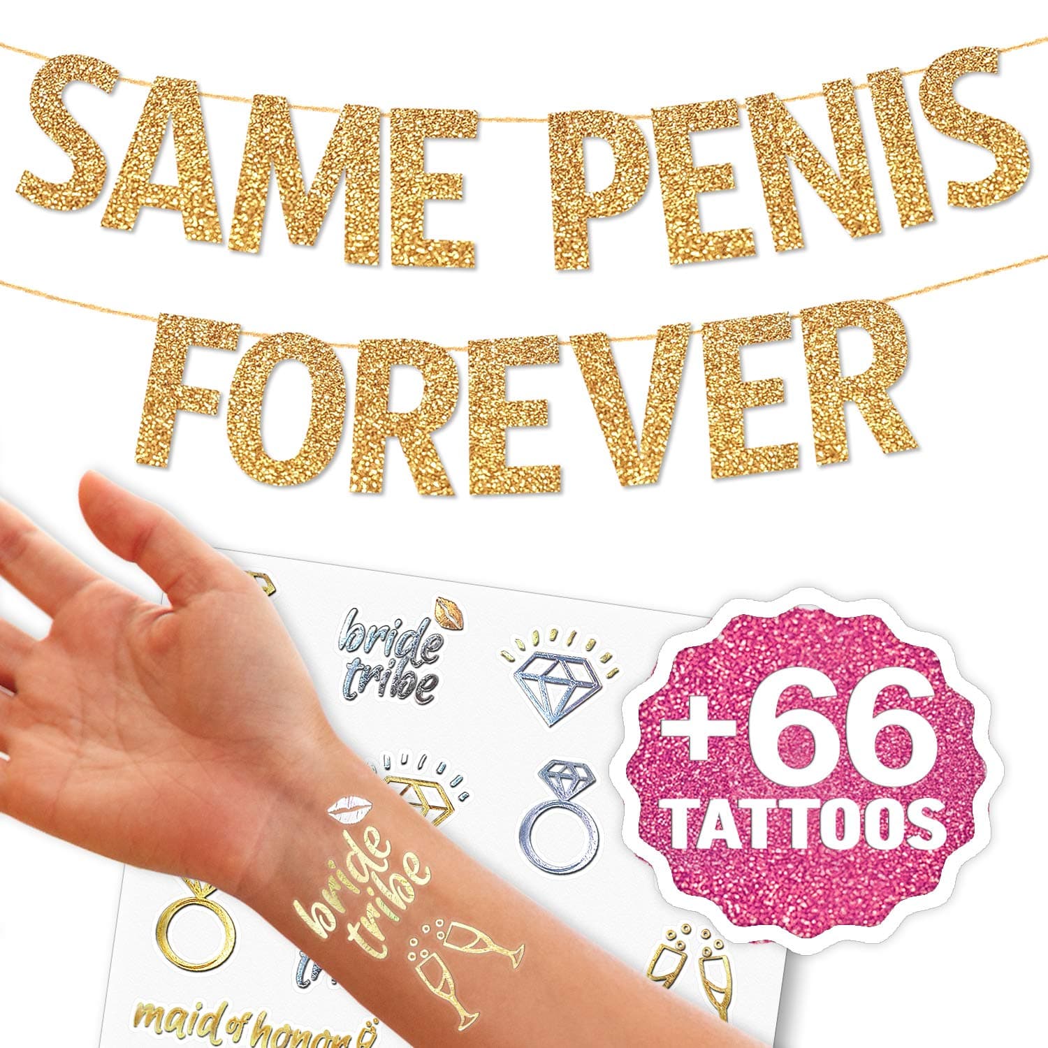 Big Same Ping Forever Banner - 7.8 Inch Tall Letters, Bachelorette Party Decorations Set with Bonus Tattoos, Hen Party Banner Sign Decorations and Supplies Kit for Bridal Shower