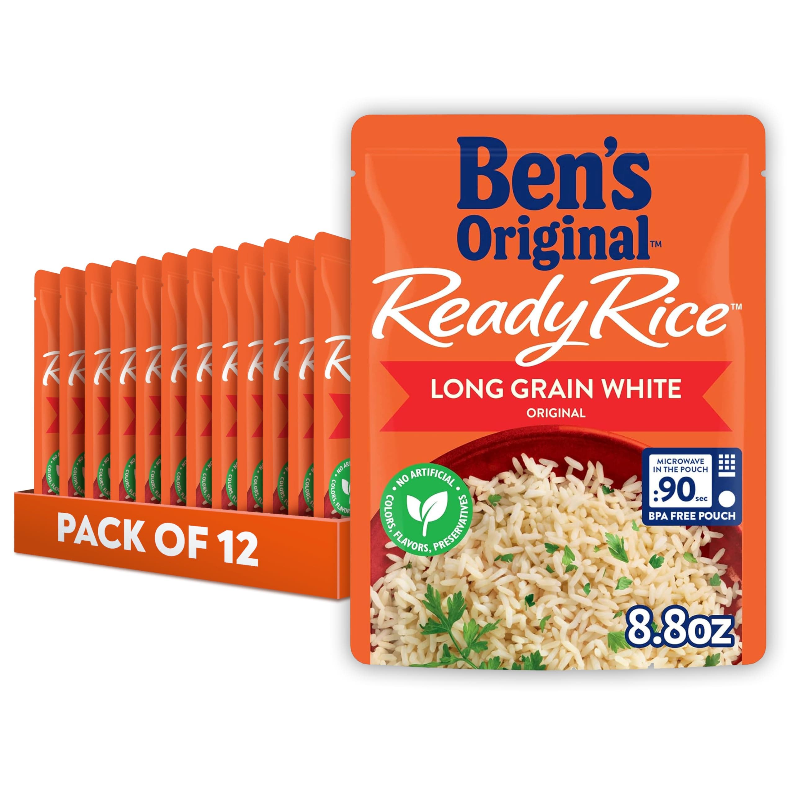 BEN'S ORIGINAL Ready Rice Original Long Grain White Rice, Easy Dinner Side, 8.8 oz Pouch (Pack of 12)