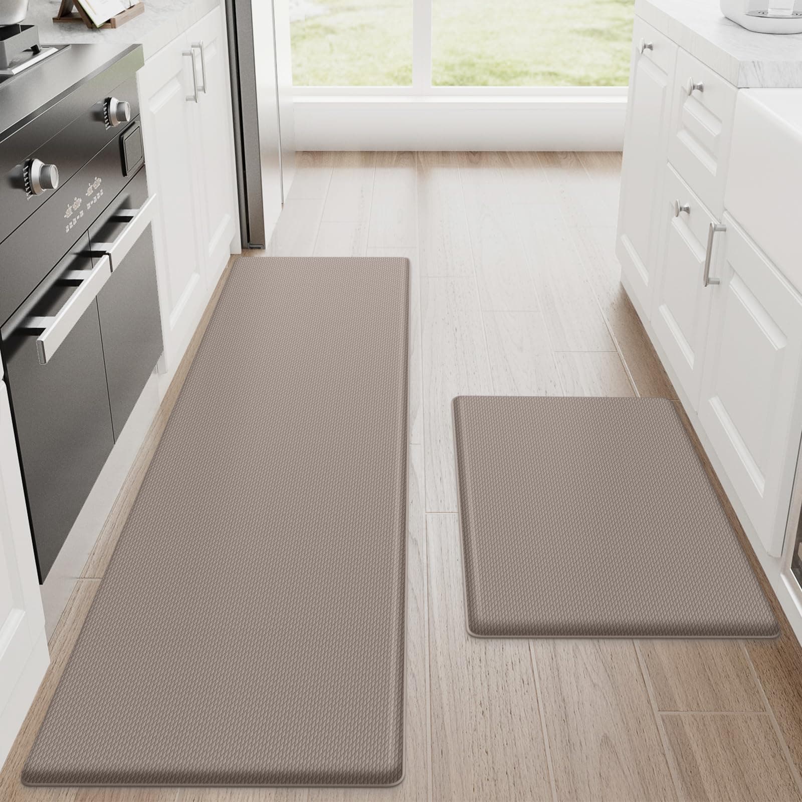 StepRite Kitchen Mats, 2PCS Kitchen Rugs, Cushioned Anti Fatigue Kitchen Mats for Floor, Non-Slip Standing Desk Mat, Waterproof Kitchen Rug Set for Kitchen, Floor, Office, 17.3"x30"+17.3"x59", Khaki