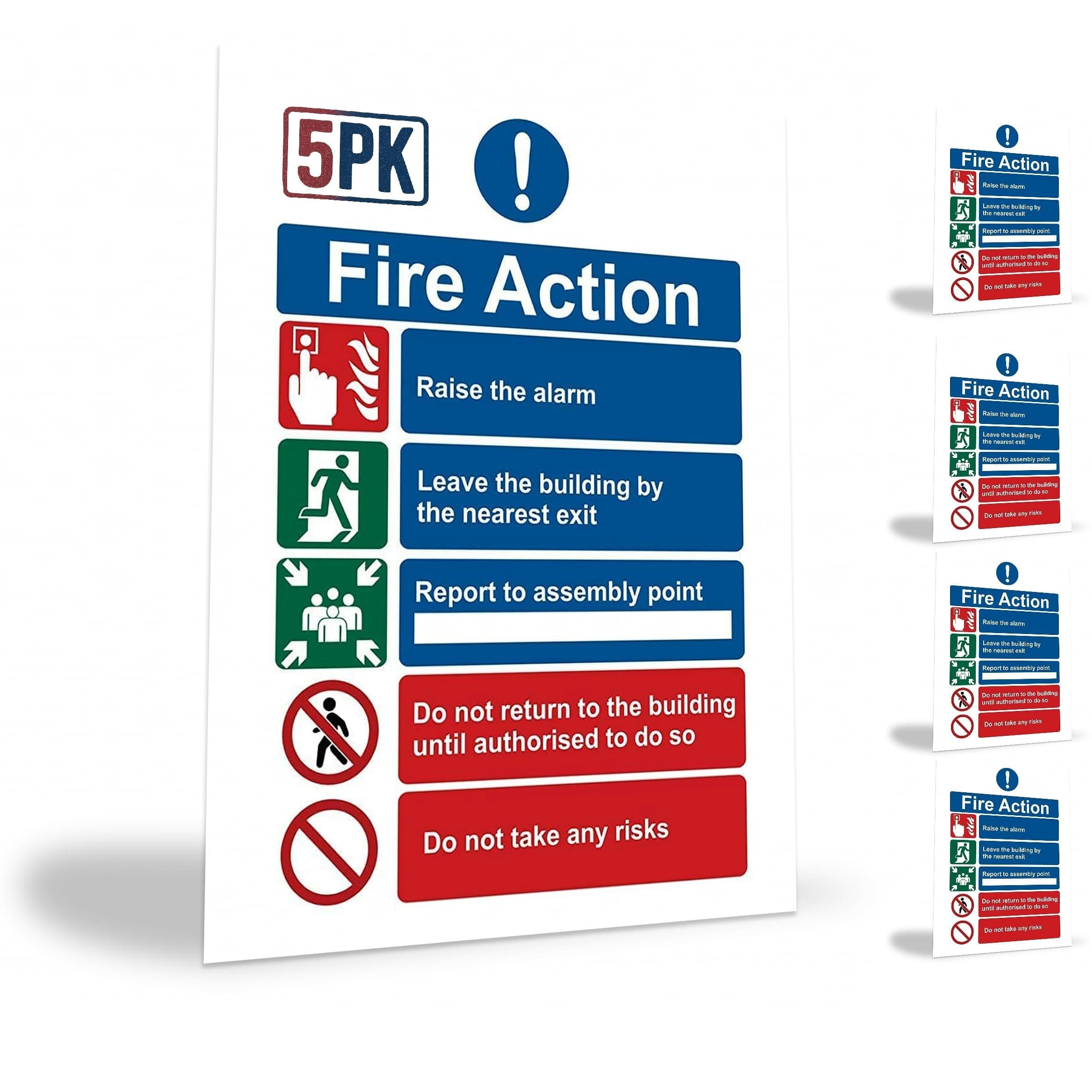 1/2/5/10 Pack Fire Action Notice Sticker 20x15cm – Fire Safety Sign for Evacuation, Assembly Point, and Extinguisher Locations - Self Adhesive Vinyl (5)