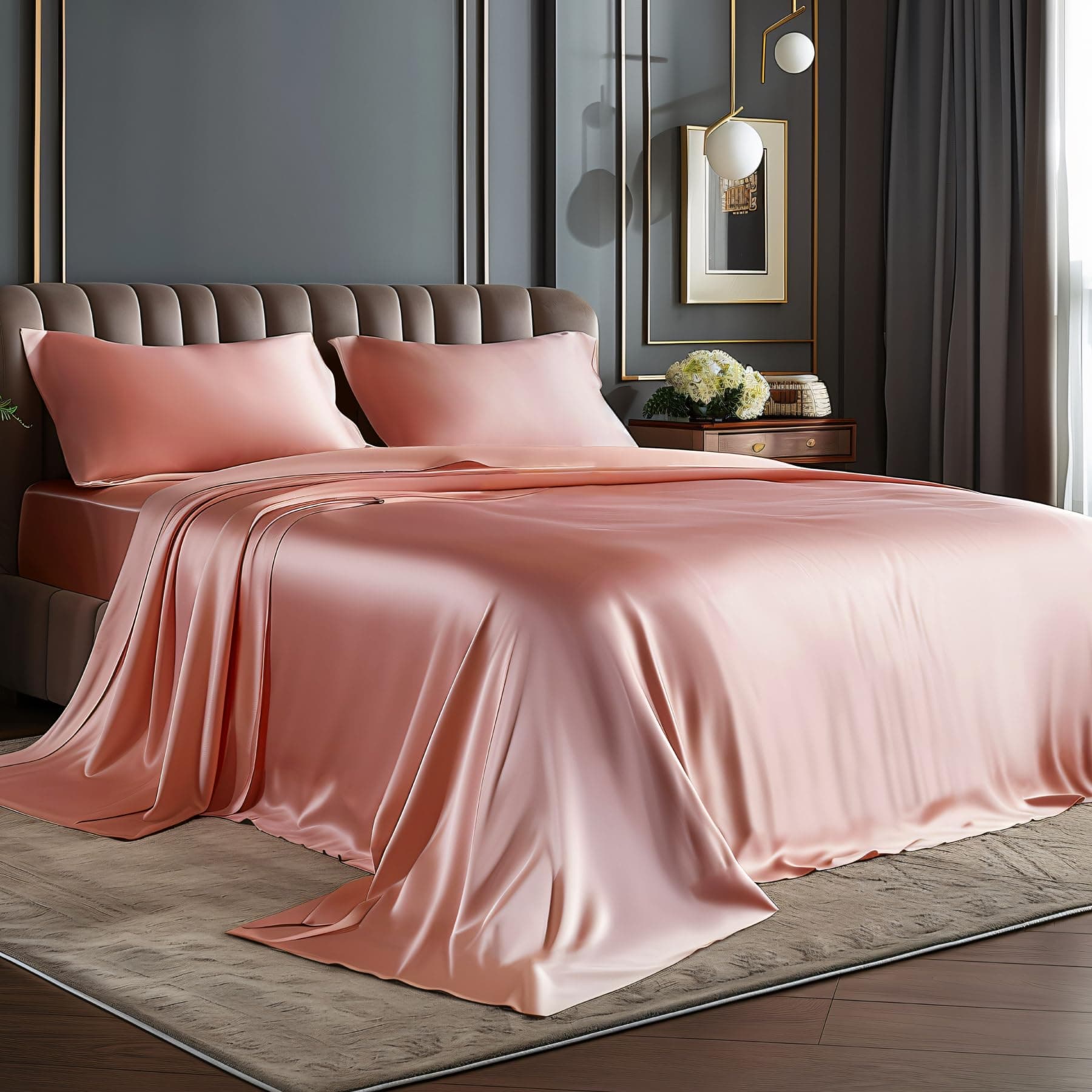Satin Sheets Full Size Bed Set, Luxury Soft Rose Pink Silky Sheets for Hair and Skin, Similar to Silk Bed Sheets Set 4 Pieces with 1 Deep Pocket Fitted Sheet, 1 Flat Sheet, and 2 Pillowcases