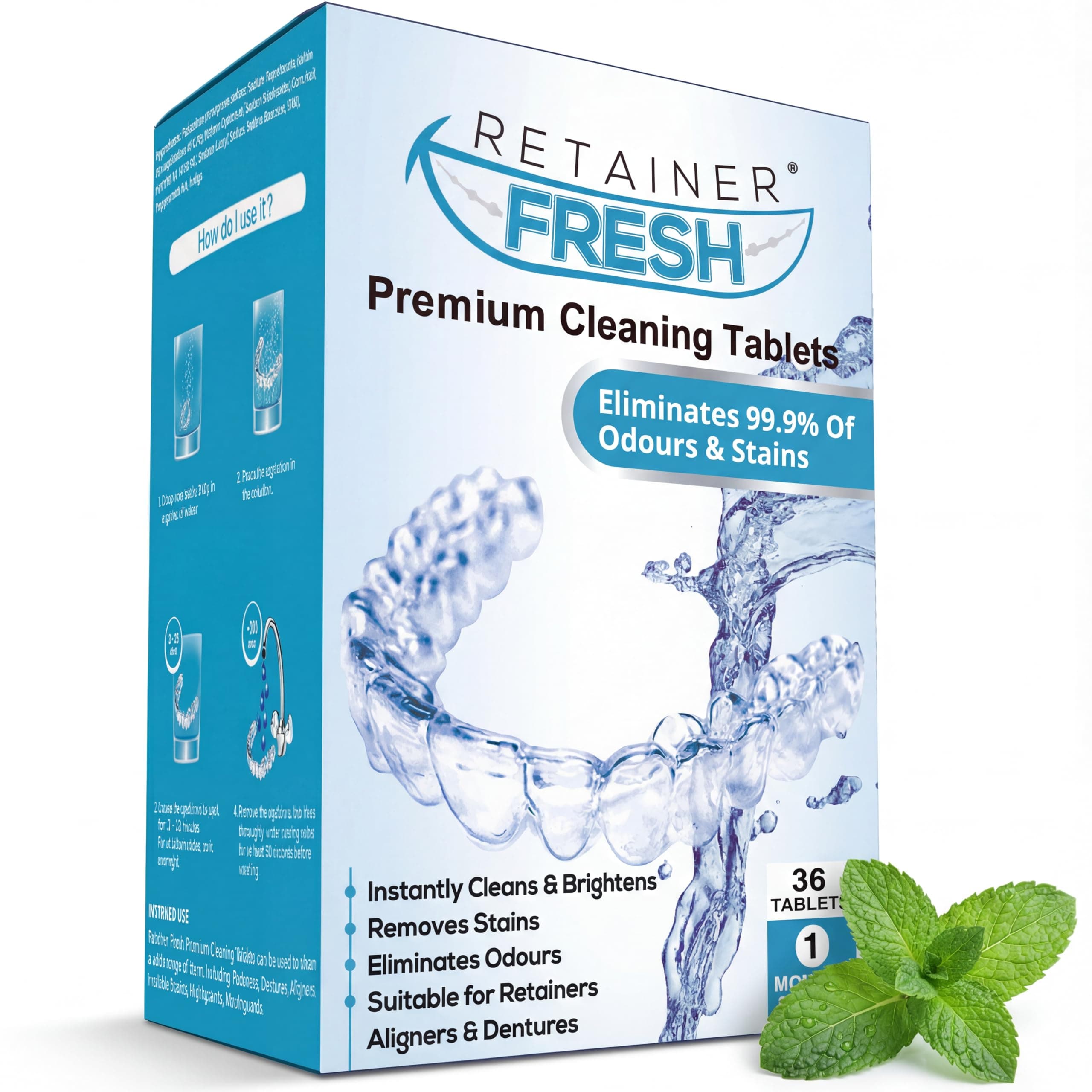 Retainer Fresh Retainer Cleaner Tablets - Retainer Cleaning, Mouthguard Cleaner, Denture Cleaning, Aligner Cleaner, Brite Retainer Tablets - 36 Tablets 1 Month