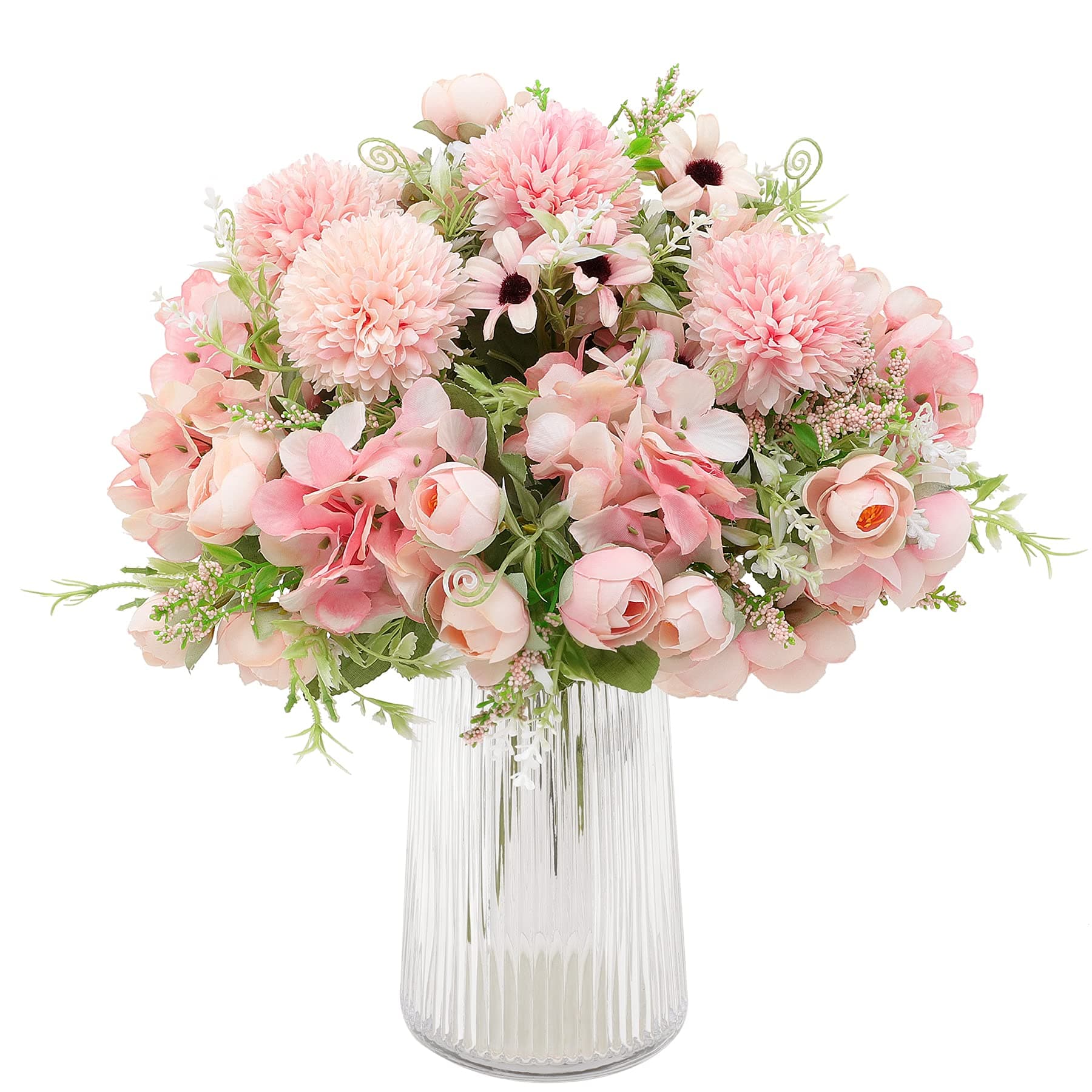 Decpro Artificial Rose Silk Hydrangeas Chrysanthemum Carnations Flower Bouquets for Wedding, Home Office Garden Decoration, Table Centerpieces, Floral Arrangements, Pack of 2, Light Pink