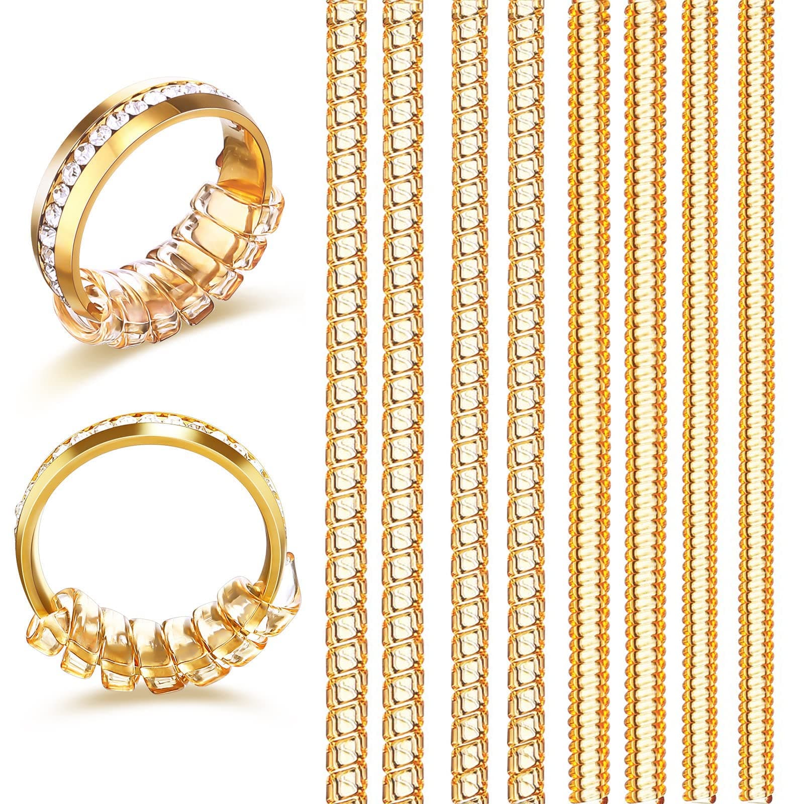 Anzailala 8 Pcs Ring Size Adjuster for Loose Rings - 4 Sizes Ring Sizer Ring Tightener Resizer Fit Spiral Silicone Tightener Set(Gold)