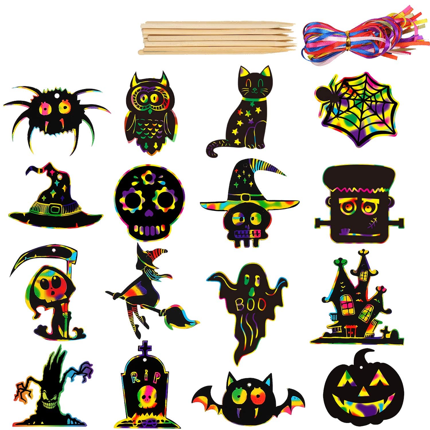 DERAYEE 48 Sheets Halloween Scratch Art Kits, Rainbow Crafts Magic Scratch Paper Cards with 12pcs Wood Stylus and 48pcs Coloured Ribbon for Kids Halloween Party Favors